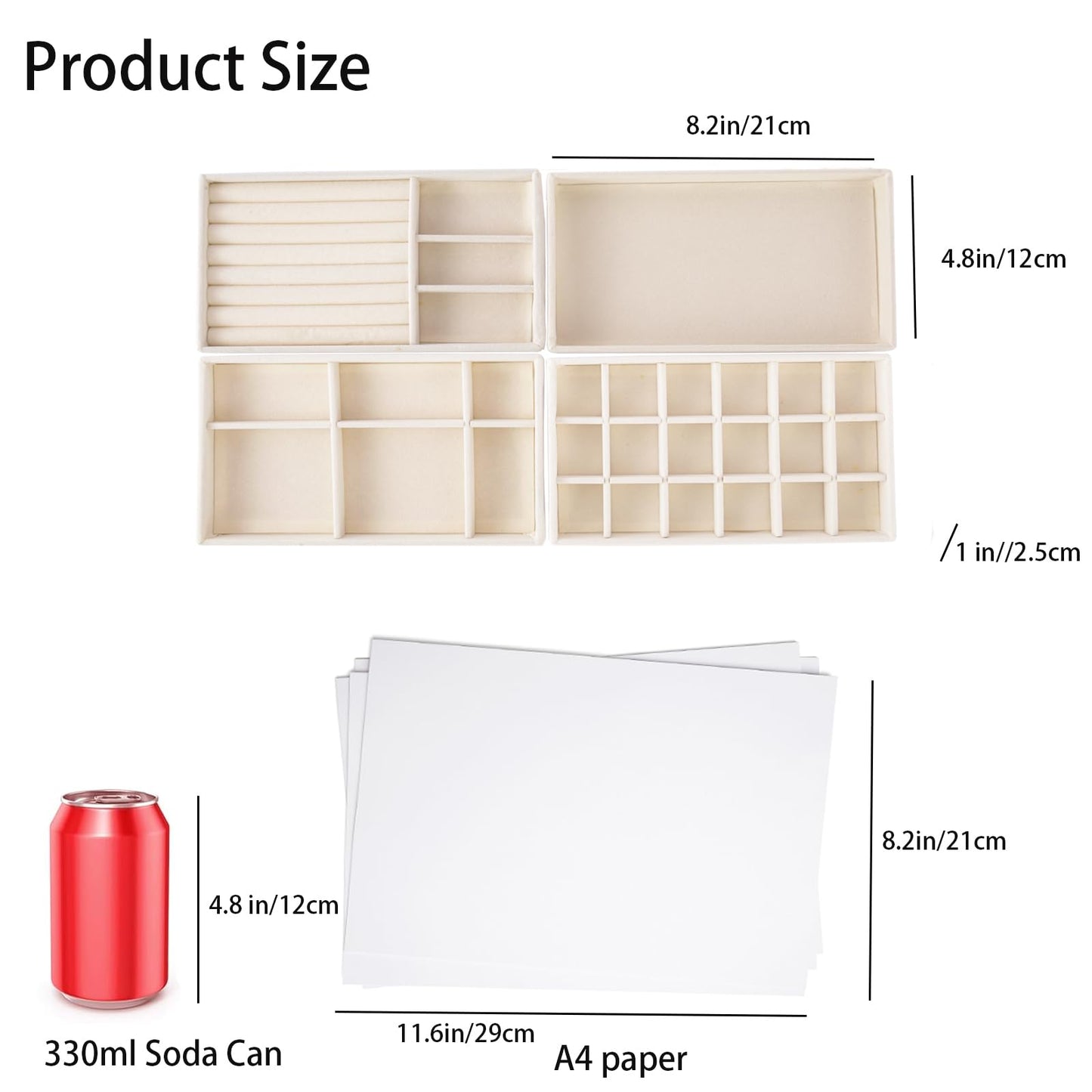 AIRZSNRY Velvet Jewelry Organizer for Drawer, Stackable Jewelry Drawer Inserts in Dresser, 8in Beige Storage Display Case for Rings Stud Necklaces Accessories, Set of 4