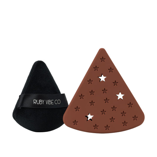 RubyVelvet Powder Puff with Silicone Case, Ultra-Soft Crystal Velvet, Black Puff with Brown Case, Latex-Free, for Loose or Pressed Powder Application | RUBY VIBE CO