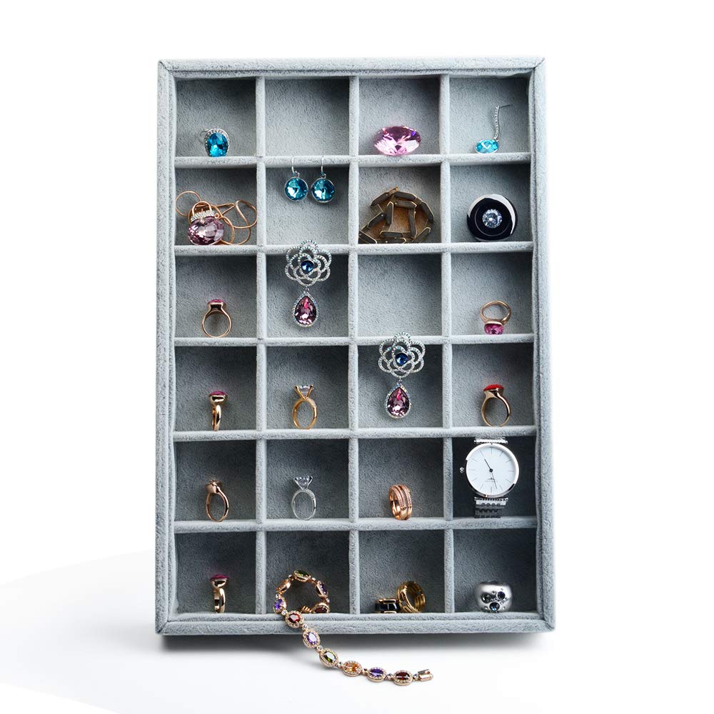 Oirlv 24 Grid Ice Velvet Jewelry Drawer Organizer Tray Stackable Jewelry Trays Removable Dividers for Rings Earring Storage Display