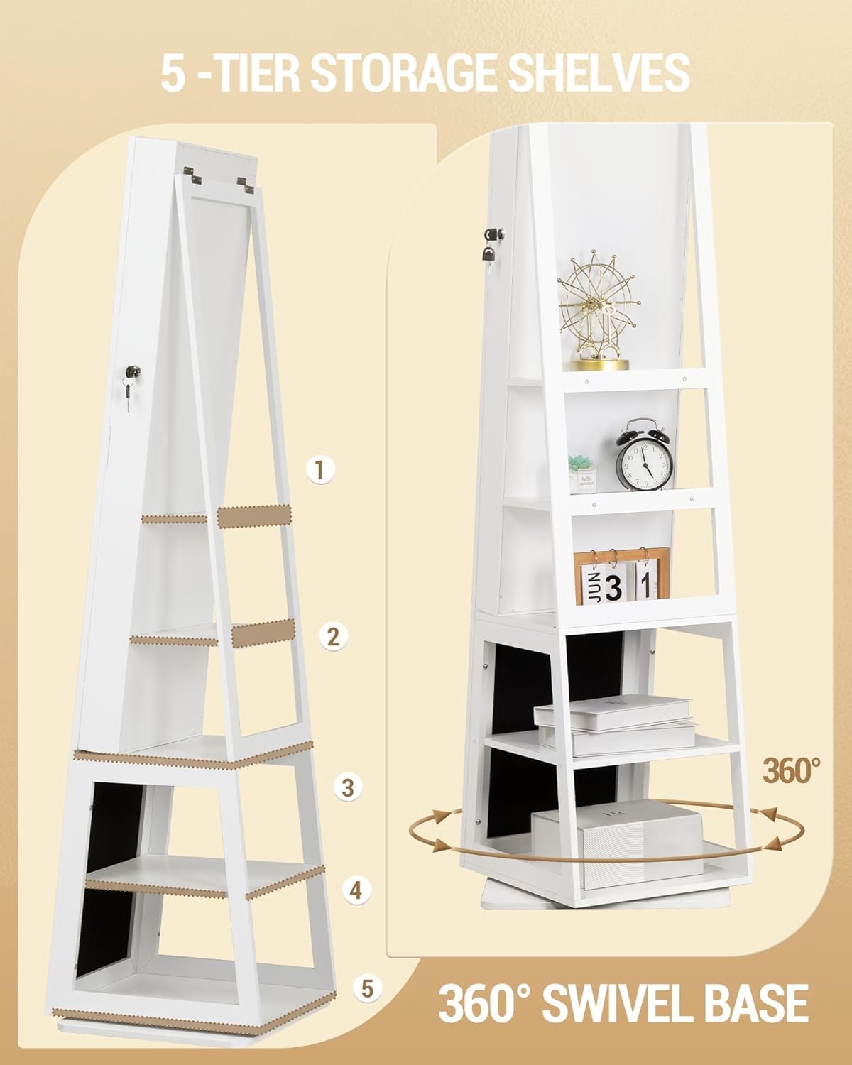 Hzuaneri 16 LEDs Jewelry Cabinet Armoire, Standing Jewelry Organizer with 360° Rotating Base, Lockable Full-length Mirror, 5-tier Storage Shelves, 4-in-1 Design, 61.5" H, White and Black JC15903B