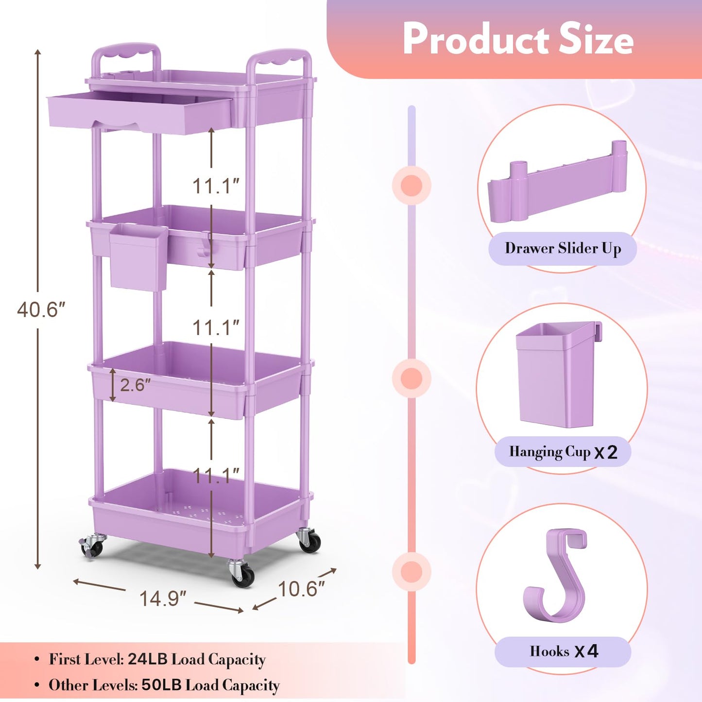 SUNALLY Makeup Cart Organizer with Drawers, 4 Tier Floor Skincare Organizers for Vanity, Rolling Makeup Bathroom Storage Cart Cosmetics Display Cases for Skin Care Perfume Nail Polish, Purple
