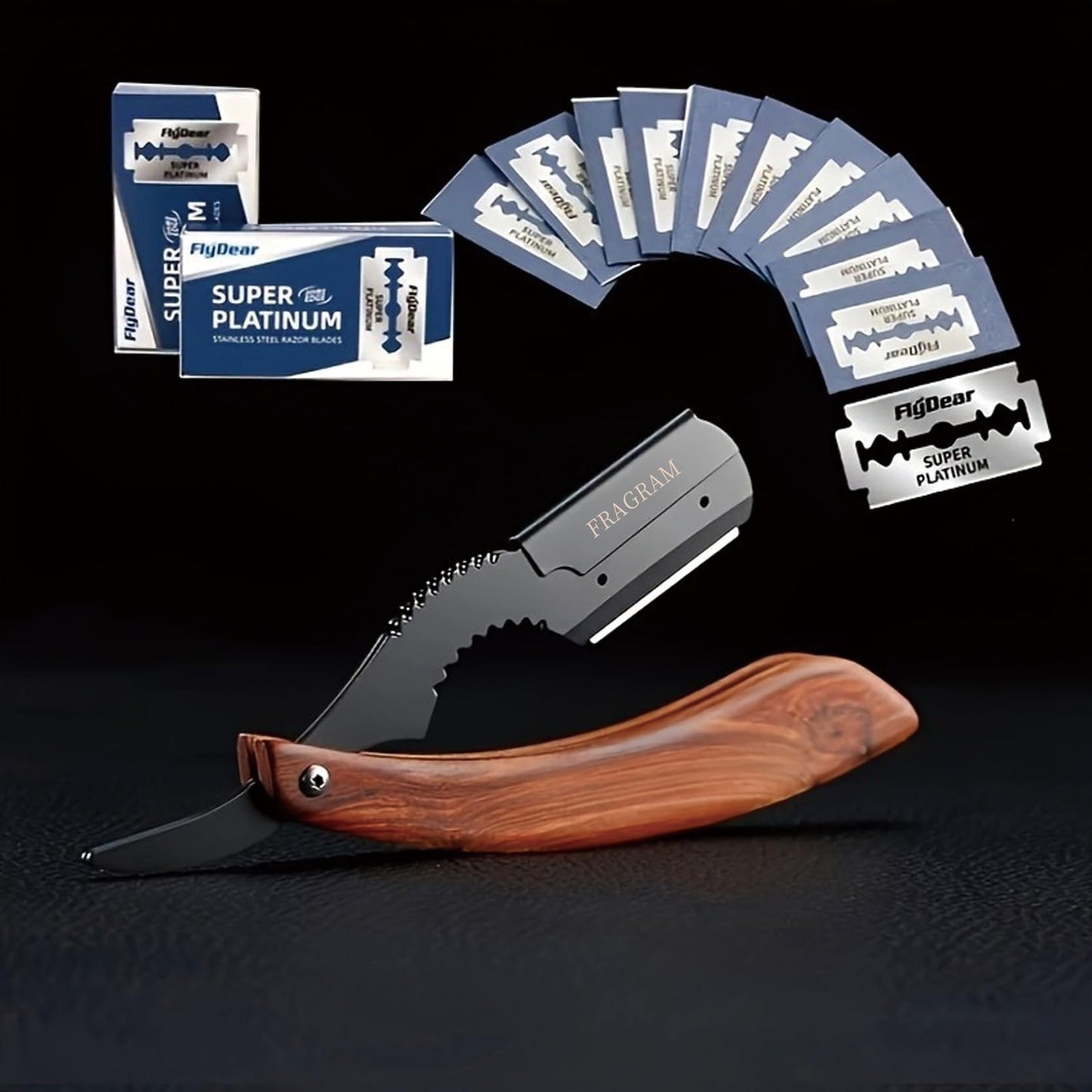 FRAGRAM wooden handle manual shaving razor with replacement blade compatible with S23 stainless steel hair clipper, used for shaving razors (Solid wood razor holder+storage bag+blade 10 pieces）