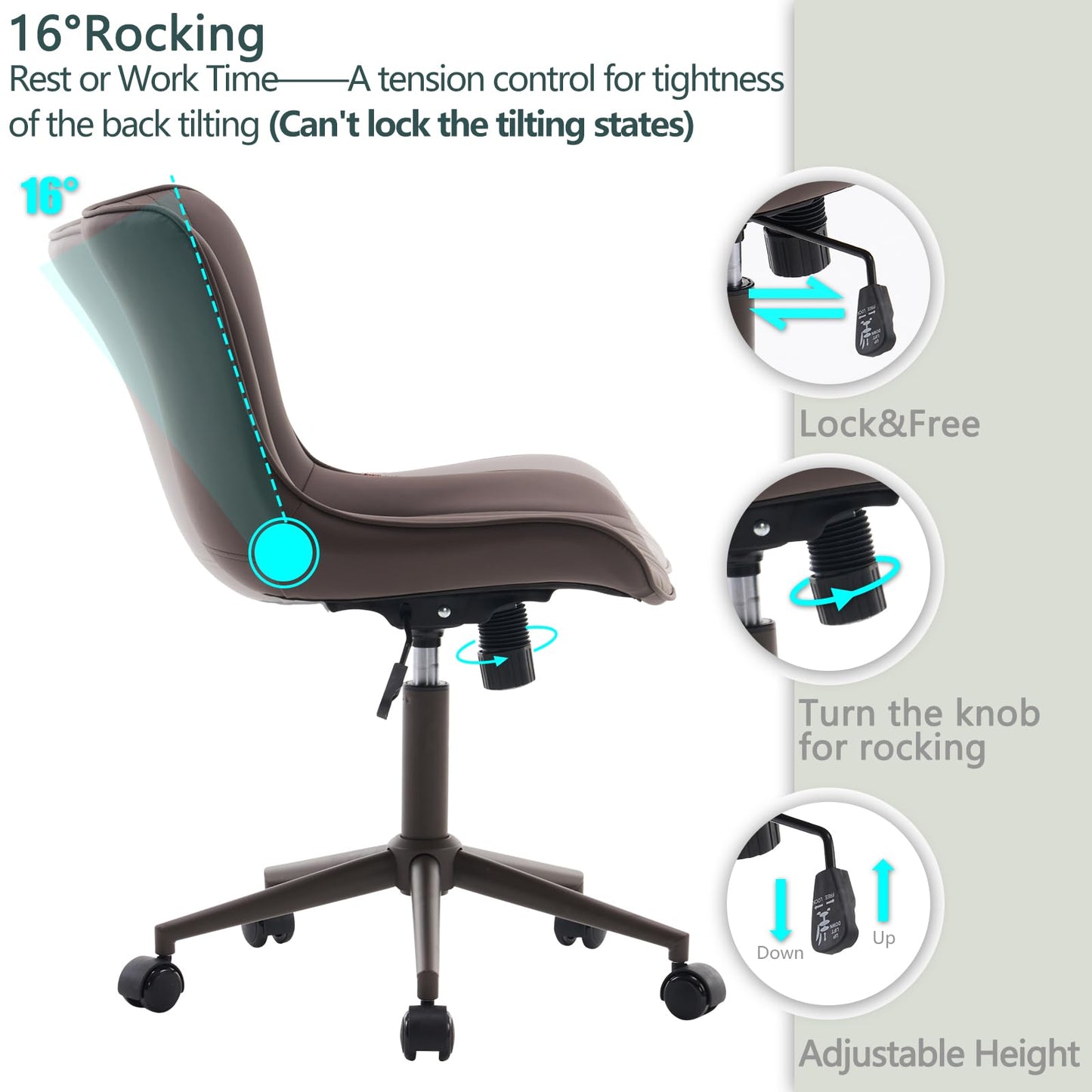 YOUTASTE Armless Office Desk Chair with Wheels, Adjustable Swivel Vanity Chair, PU Leather Upholstered, Ergonomic Back Support, Modern All Brown Computer Chair for Home Office, Bedroom, Study