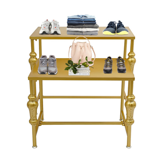WoopJeem 2 Pack Gold Retail Display Tables, Modern Boutique Shoe Handbag Clothing Stand, HeavyDuty Display Riser Shelf for Store, Home, Showroom, Vendor Events