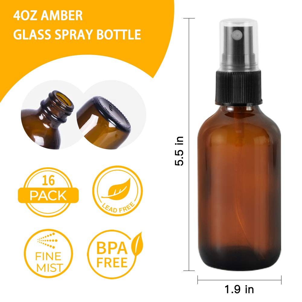 STARSIDE 16 Pack 4 oz Amber Glass Spray Bottles with Fine Mist Sprayer & Dust Cap for Essential Oils, Perfumes,Cleaning Products, 120 ml Fine Mist Glass Spray Bottle