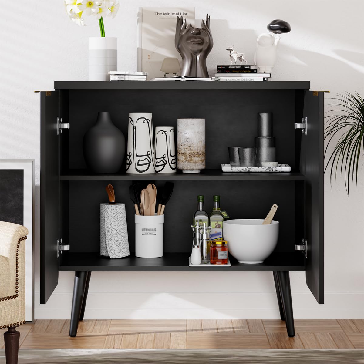 Trygoal Wood Fluted Sideboard with 2 Doors, Modern Buffet Cabinet with Shelves, Multi-Space Storage Credenza Kitchen for Entryway, Dining & Living Room, Black