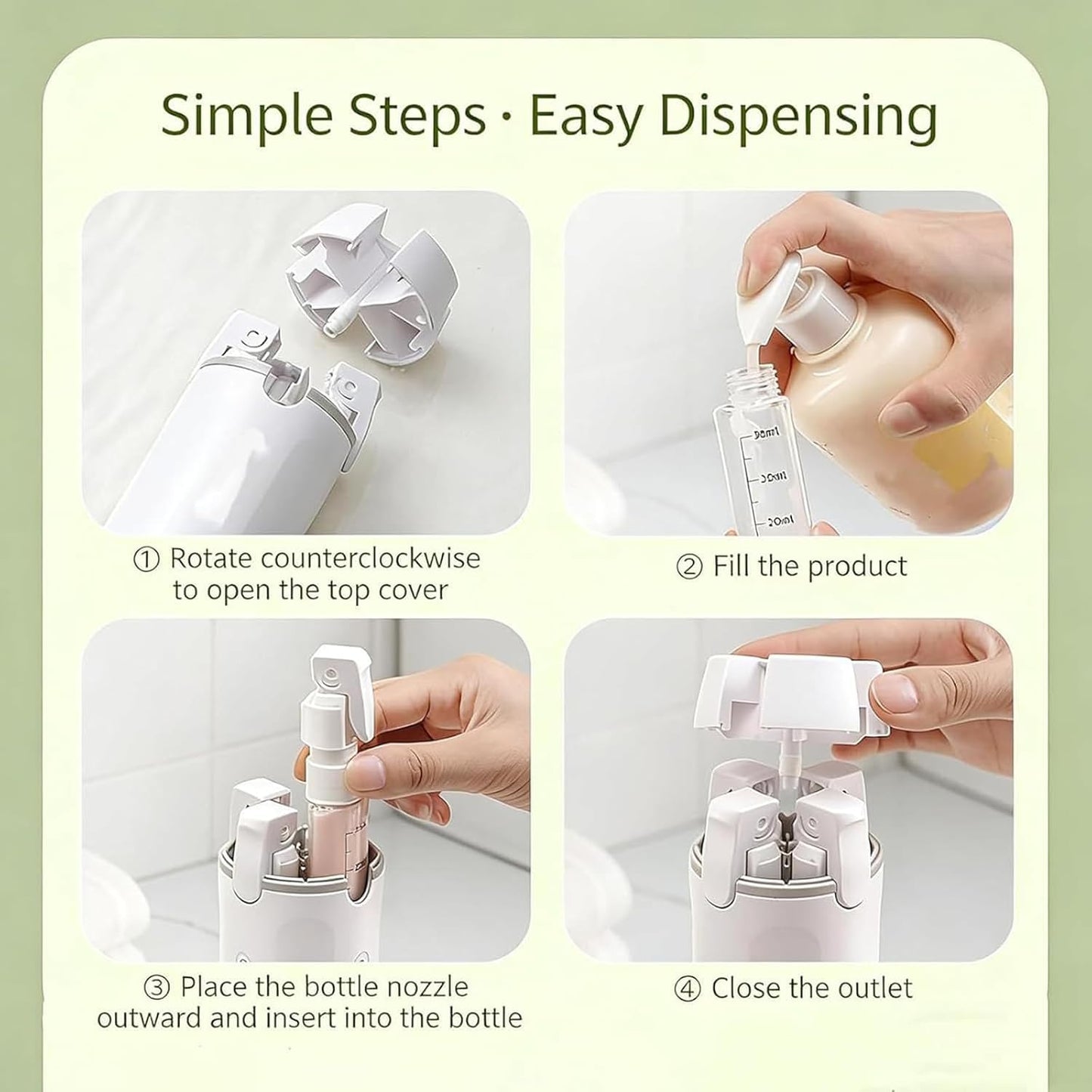 folalife 4 in 1 Travel Dispenser Set with 4 Pack 30ML Leak Proof Bottles for Toiletries, Portable Containers for Shampoo Lotion Conditioner Cream (Green)