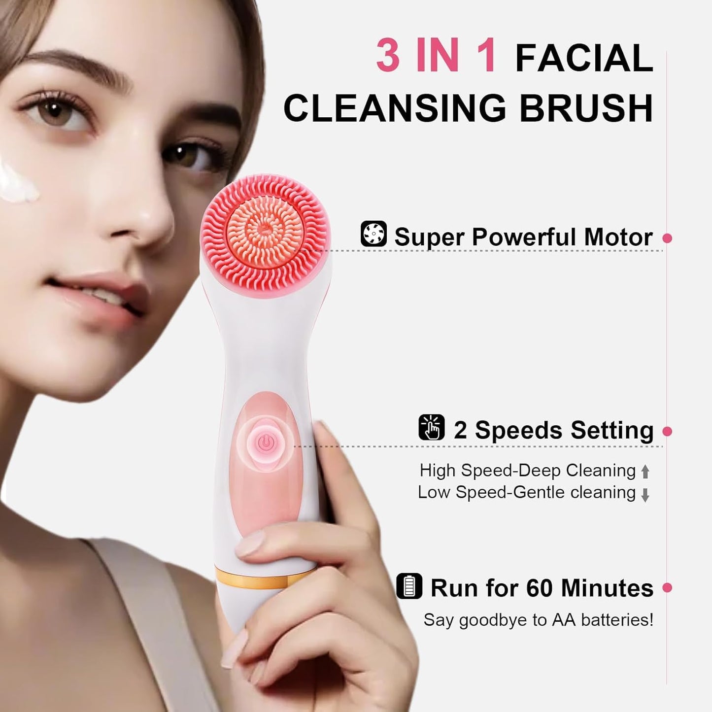 Beautivana Facial Cleansing Brush, Waterproof Dual-Rotation Face Scrubber with 3 Brush Heads & 2 Speed Settings, Rechargeable Exfoliating Face Brush for Deep Cleansing & Daily Skin Care (Pink)
