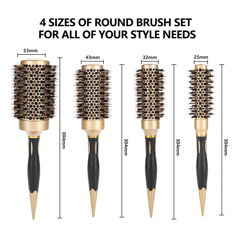 Aozzy Hair Brush, Round Brush Set for Blow Drying - Professional Boar Bristle Hair Styling Brush, Nanothermic-Ion Technology, Vented Ceramic Barrel, for Women - 4 Size Options, Golden