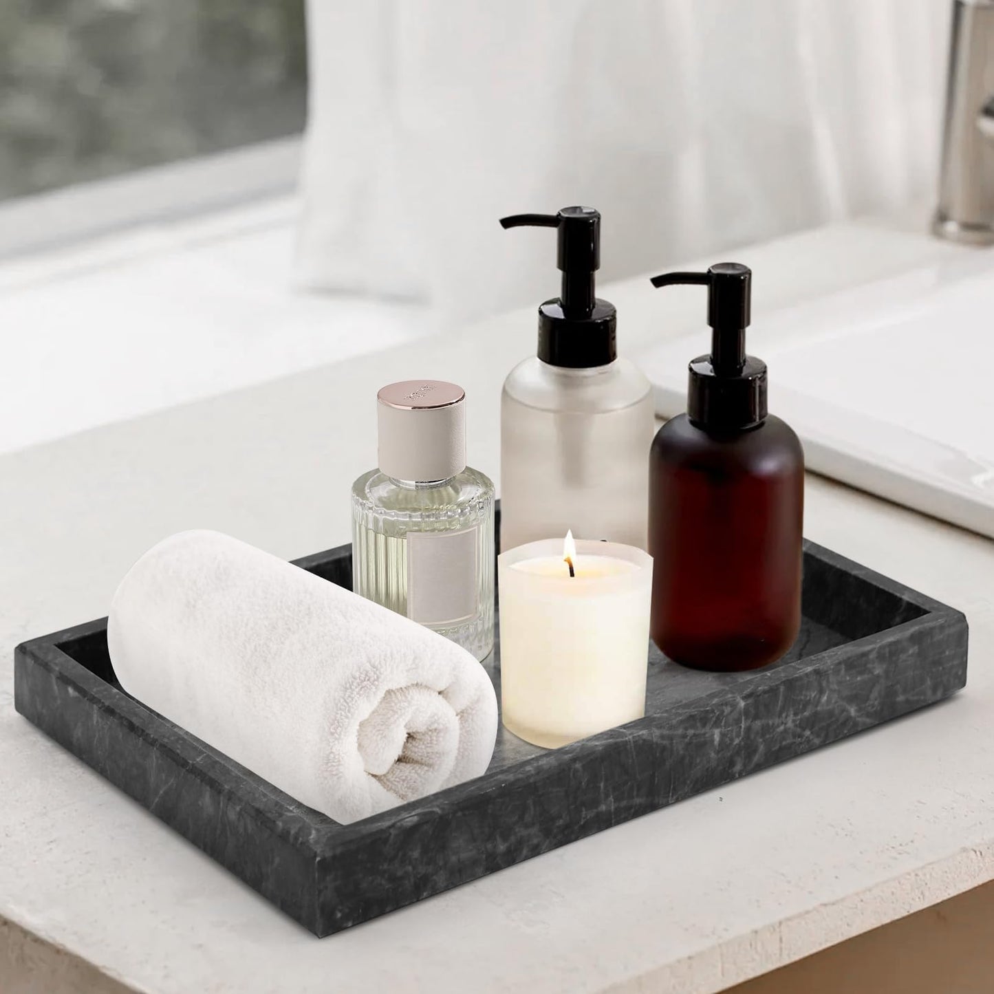 MULWR Marble Bathroom Tray,Pure Natural Vanity Tray,Marble Trays for Kitchen Counter Non-Ceramic/Non-Resin,Stone Tray 12 x 8 inch (Black) ﻿