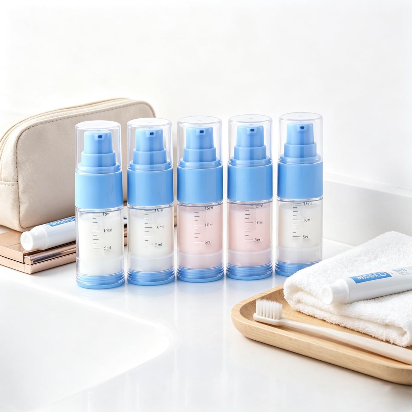 XQNCBY 0.5oz/15ml Travel Airless Pump Bottles, 5 Pack Refillable Vacuum Cosmetic Containers with Clear Organizer Case & Labels, Small Lotion Dispenser Bottles for Skincare, Toiletries & Cosmetics