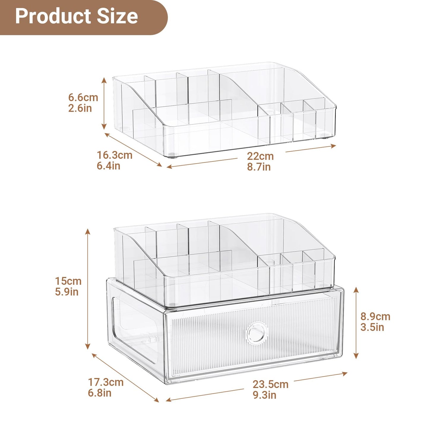 HOMETUK 2 Tier Clear Makeup Organizer with Drawer, PET Cosmetic Storage for Dresser, Countertop & Bathroom Vanity, Holders for Lipstick, Brushes, Skincare & Beauty Supplies