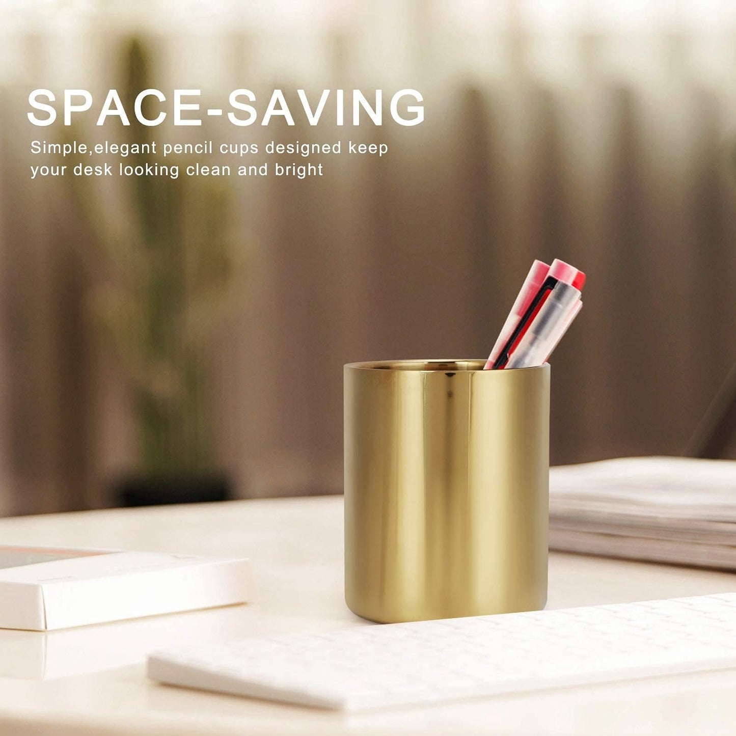 Beufee Pencil Holder, Pen Holder Makeup Brush Holder Gold Pen Pencil Holder Pencil Cup Holder Desk Organizer Table Vases Flower Pot Stainless Steel Makeup Brush Holder For Office Home Gold