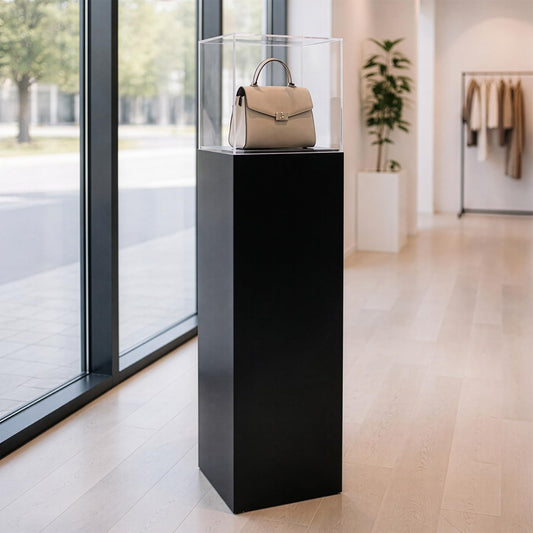 shopPOPdisplays Black Laminate Pedestal Display Case with Clear Acrylic Cover – Floor Standing Display for Retail, Museum, Office & Home - 10" H Acrylic Cover (12" W x 12" L x 42" H)