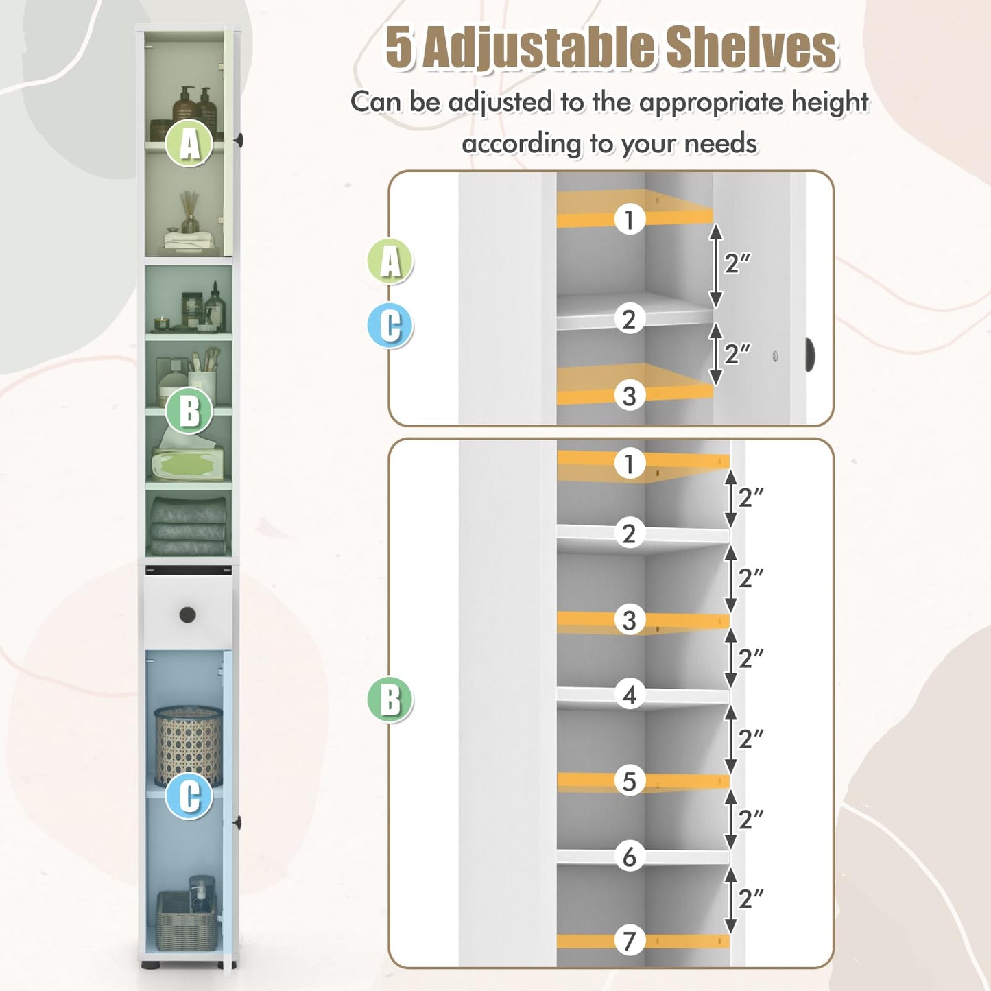 Giantex Slim Bathroom Storage Cabinet - 71” Tall Narrow Floor Cabinet Cupboard with 2 Doors, 5 Adjustable Shelves, 1 Drawer, Anti-Tipping Device, Thin Linen Tower Cabinet for Living Room (1, White)