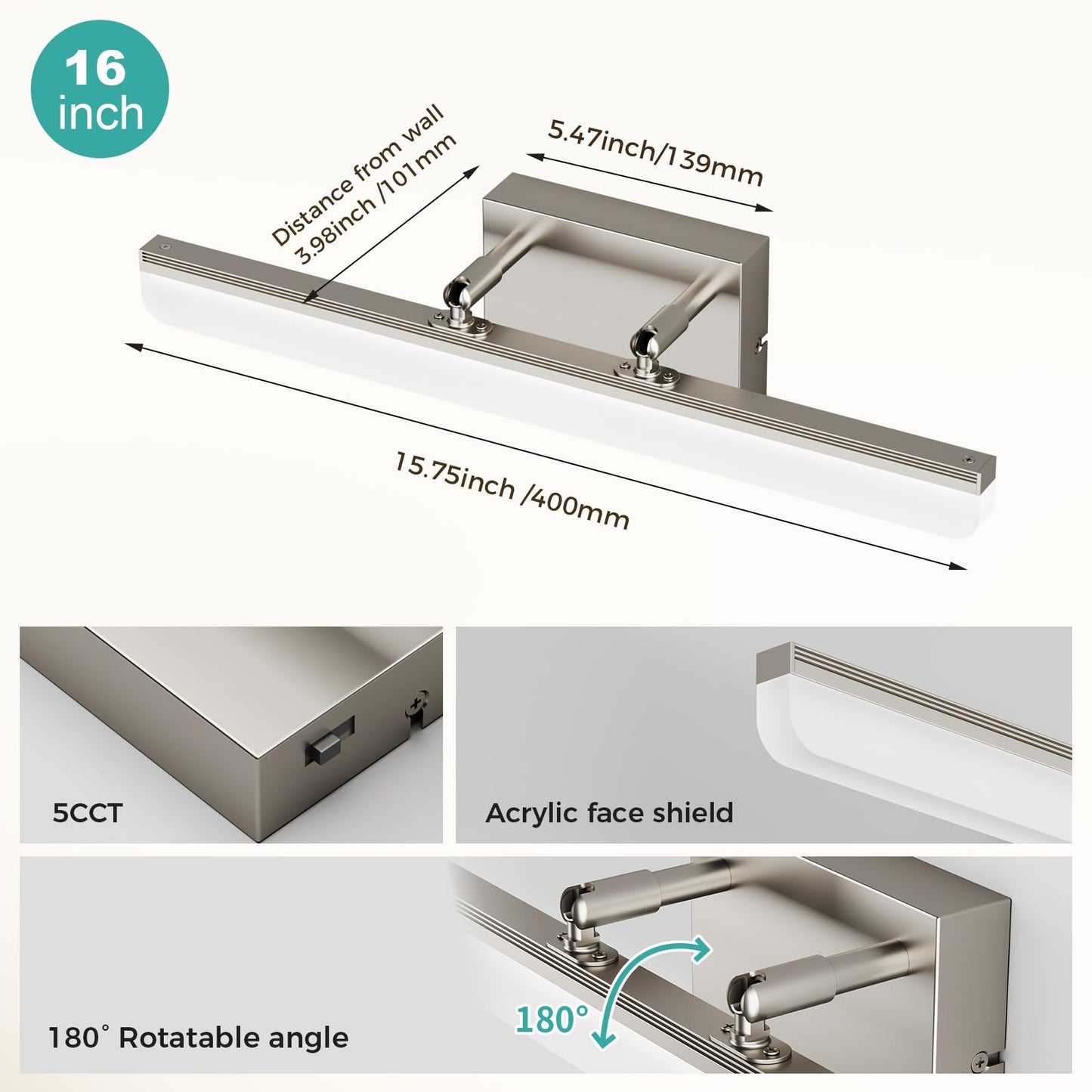 KELIDEN Brushed Nickel Vanity Light, 15.7” Dimmable LED Bathroom Light Bar with 5CCT, Adjustable Angle – Modern Wall Lighting for Bathroom, Powder Room, Bedroom, Apartment, Hotel