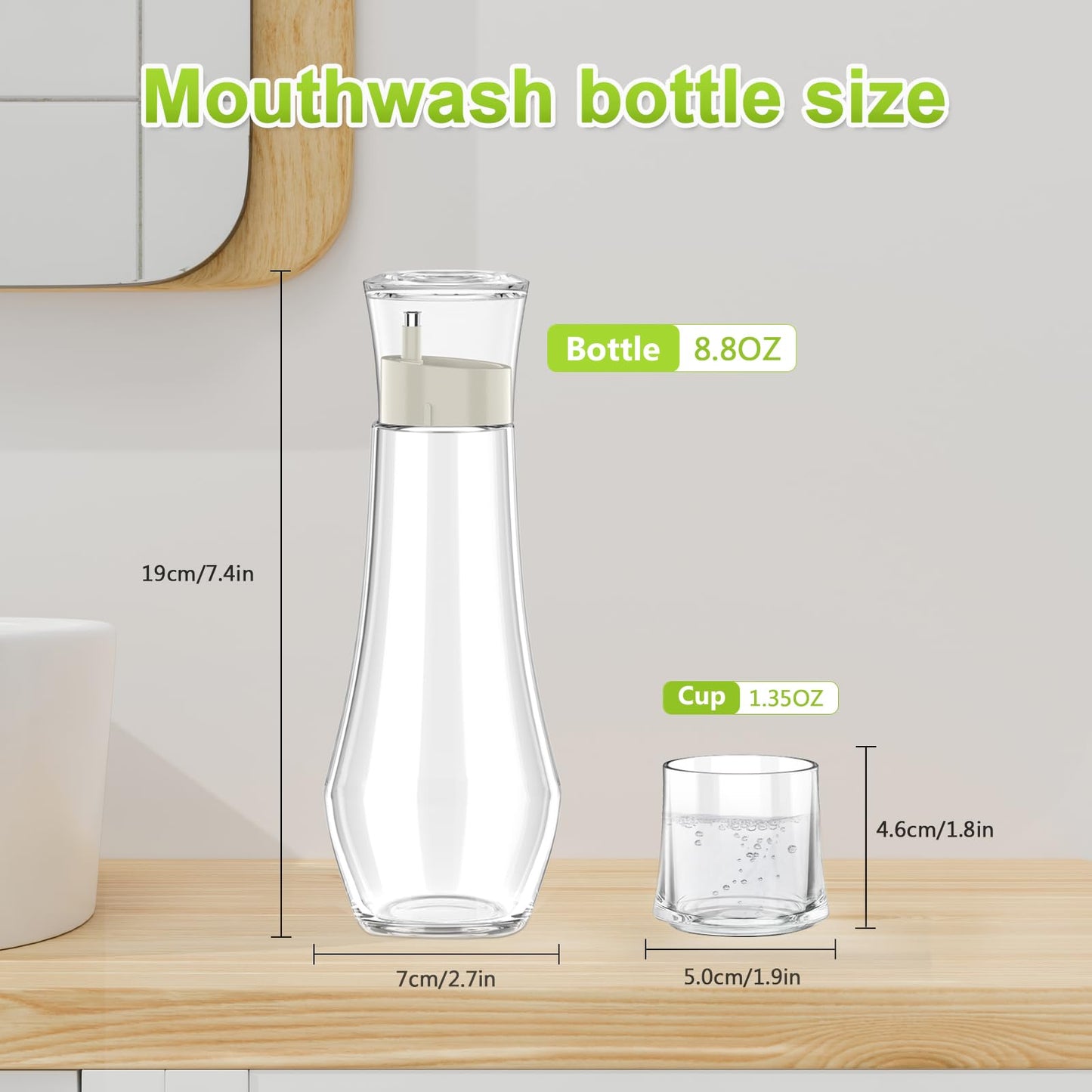 BTIFU Glass Mouthwash Dispenser for Bathroom, 8.8oz Refillable Mouth Wash Container Bottle with Lid Cup, Small Clear Mouthwash Dispensers Decanter for Countertop, Set of 2