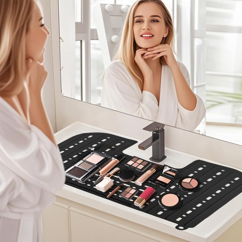 Oryqvane Bathroom Sink Cover for Counter Space,Foldable Silicone Makeup Mat for Hair Styling,Beauty Brush Cleaning Mat,RV Camper Sink Cover & for Small Spaces(Black)