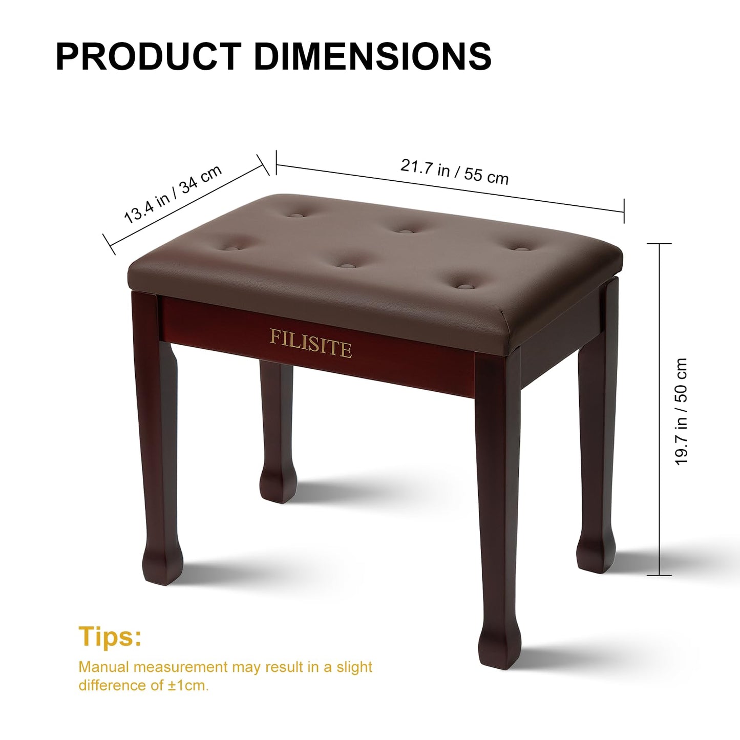 FILISITE Wooden Piano Bench with Storage, Piano Stool with Waterproof Padded Cushion, Bench Seat for Vanity, Living Room, Bedroom (Brown)