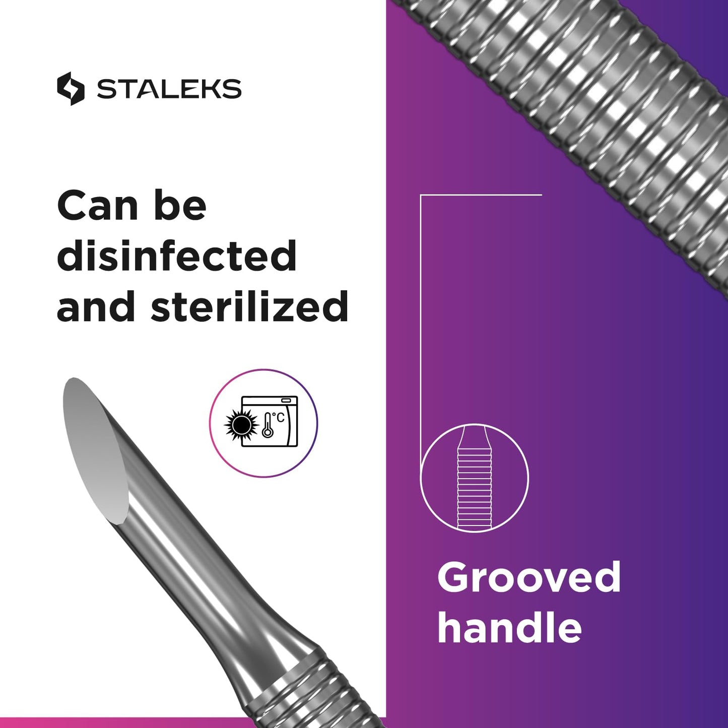 Staleks Pro Manicure Pusher EXPERT 90 Type 2 – Beveled & Rounded Wide Ends – Stainless Steel – Non-Slip Handle