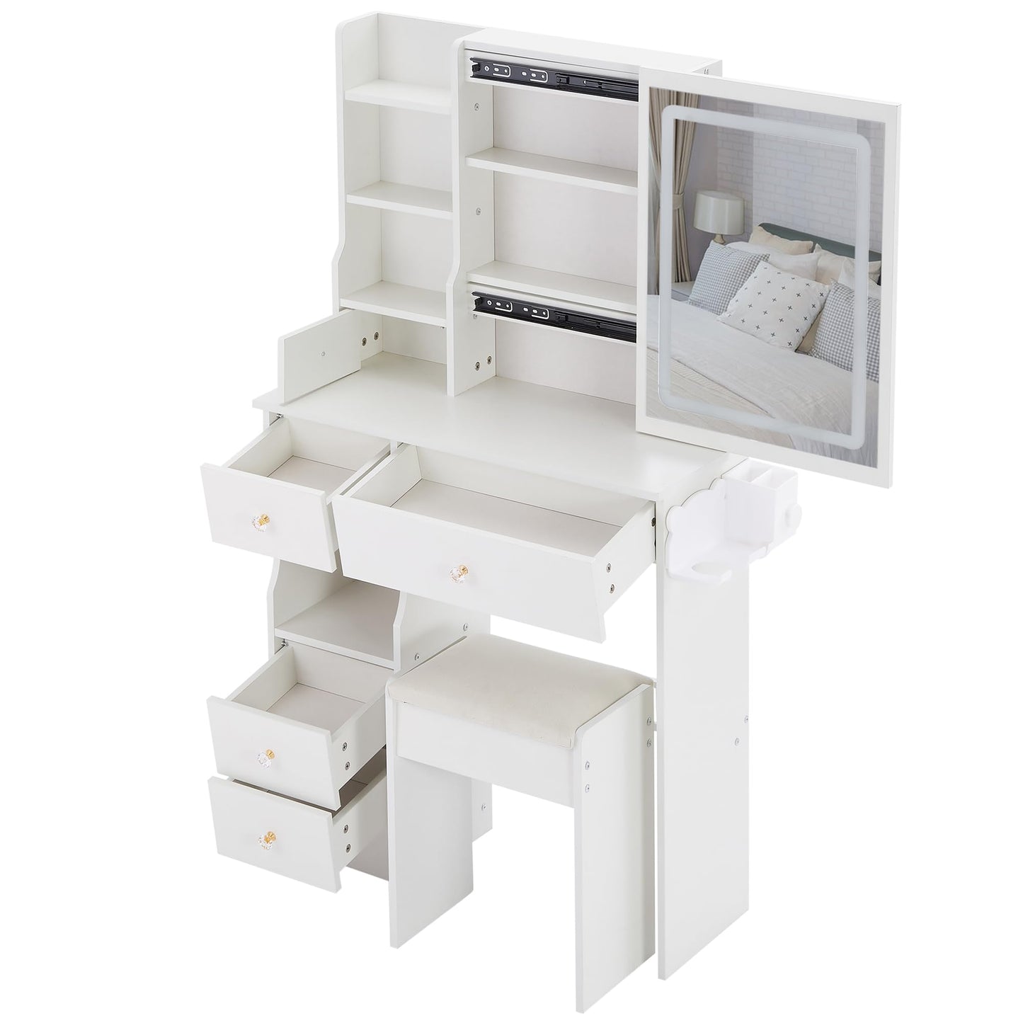 KEIKI Vanity Desk with Mirror Light and Charging Station, Makeup Vanity Table with Stool, Storage Drawer & Hair Dryer Holder, 29.2" Small Dressing Table Set with Tri-Color Lighting for Bedroom, White