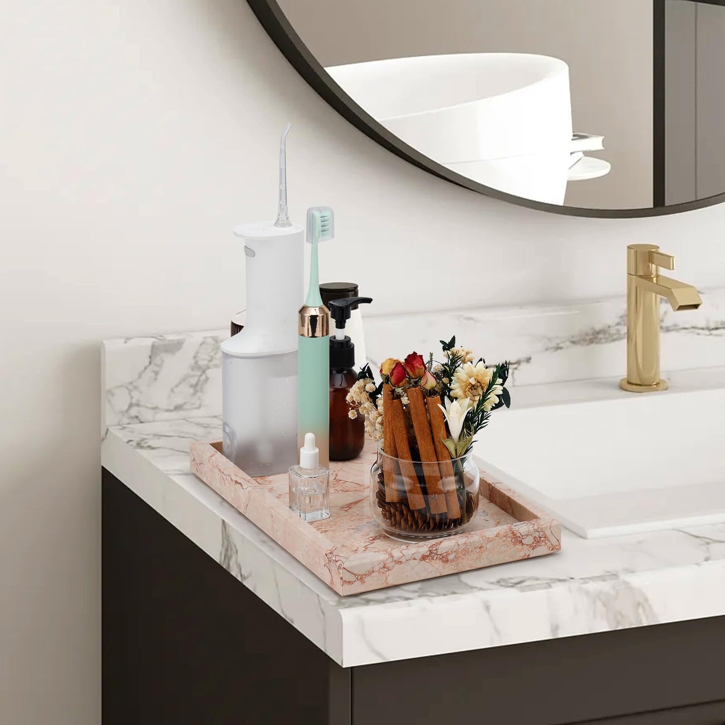 MULWR Marble Bathroom Tray,Pure Natural Vanity Tray,Marble Trays for Kitchen Counter Non-Ceramic/Non-Resin,Stone Tray 12 x 8 inch (Pink) ﻿
