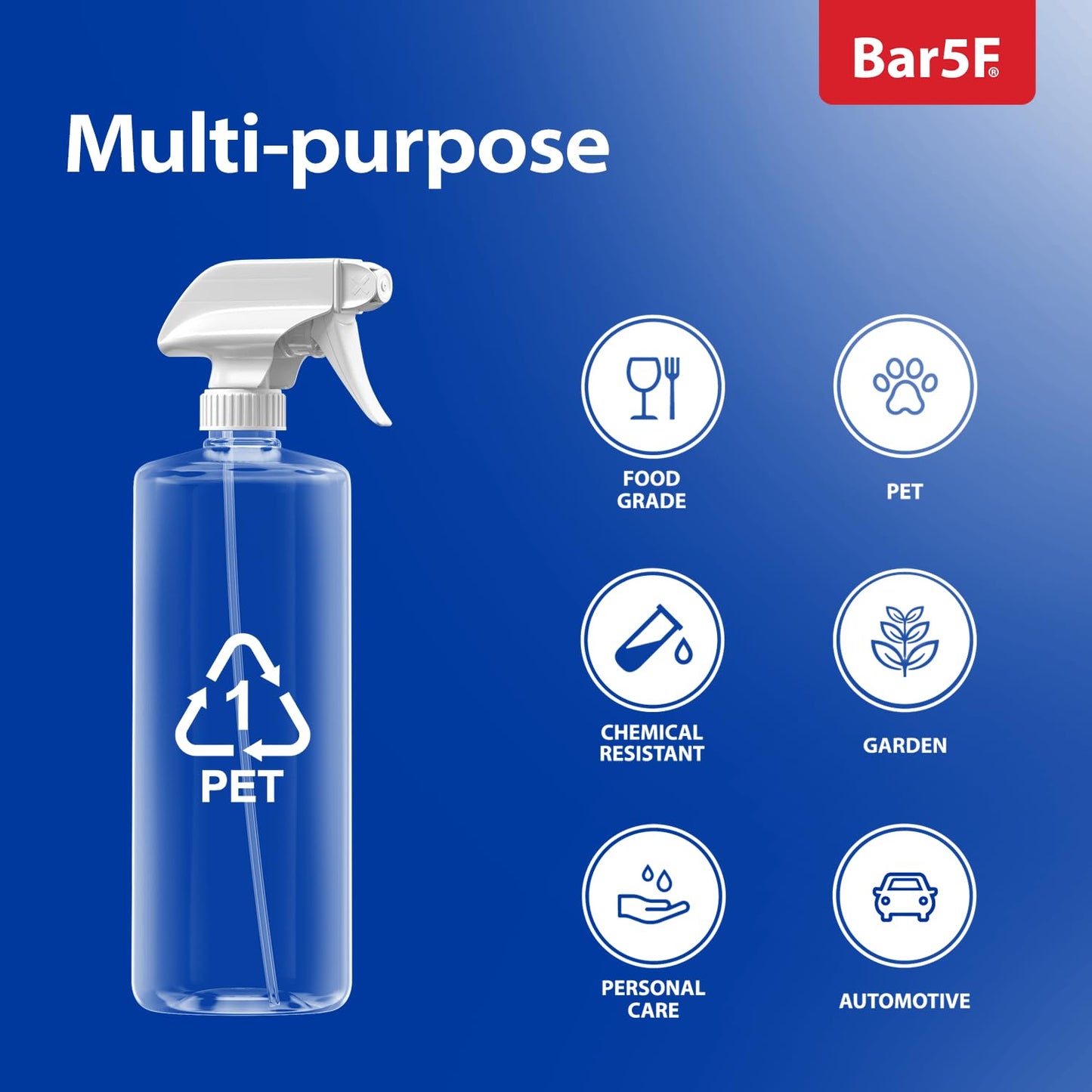 Bar5F Plastic Spray Bottles with Mixor Trigger, 32 oz | Professional, Leak Proof, Empty, Adjustable Fine to Powerful Sprayer, Refillable | Water Plants, Cleaning Solutions | Crystal Clear | Pack of 2