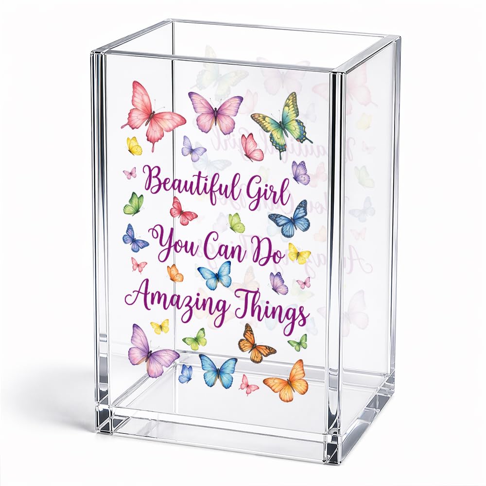 Xiahde Beautiful Girl You Can Do Amazing Things Acrylic Pencil Holder Cup, Inspirational Makeup Brush Organizer Gifts, Butterfly Encourage Gifts for Women Sister Daughter, Bathroom Vanity Organizer