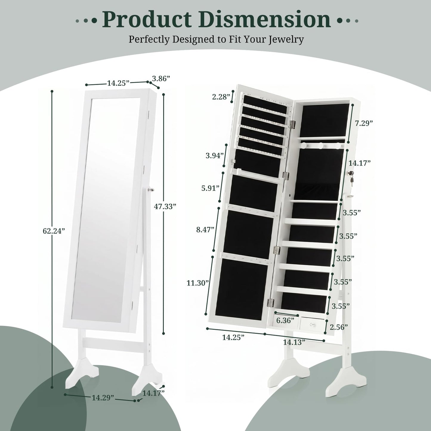 Freestanding Jewelry Armoire Cabinet, 47.3" Full Length Mirror Jewelry Organizer, Lockable Standing Jewelry Storage Cabinet with Velvet Lining, Makeup Organizer with Adjustable Angles (White)