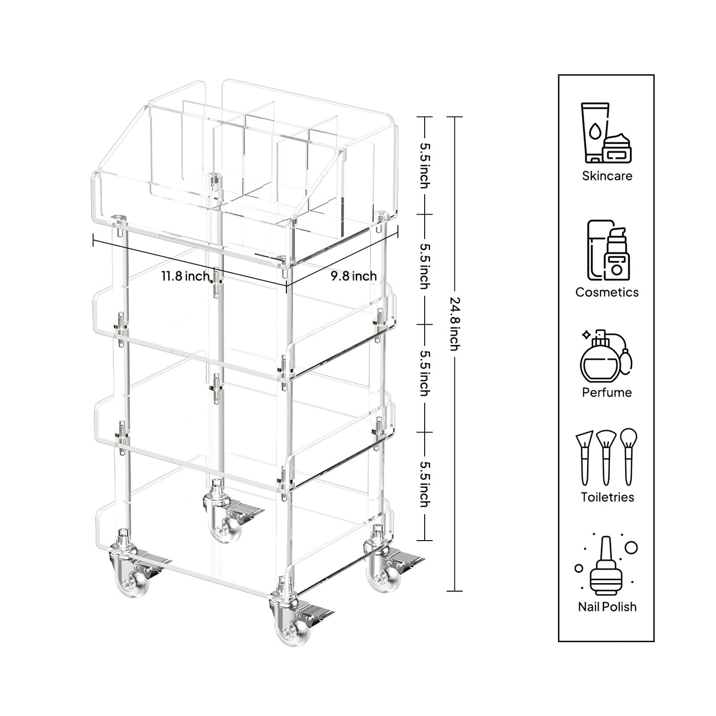 Aquiver Acrylic 4 Tier Makeup Organizer Cart - Small Rolling Vanity Cart