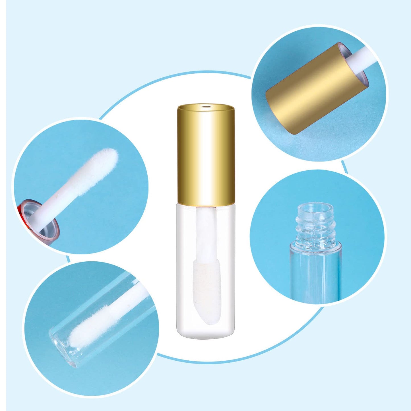 Mydio 50 Pack 1.2ML Clear Mini Lip Gloss Tube Empty Lip Balm Containers With Gold Lid for Lipstick (Gold)