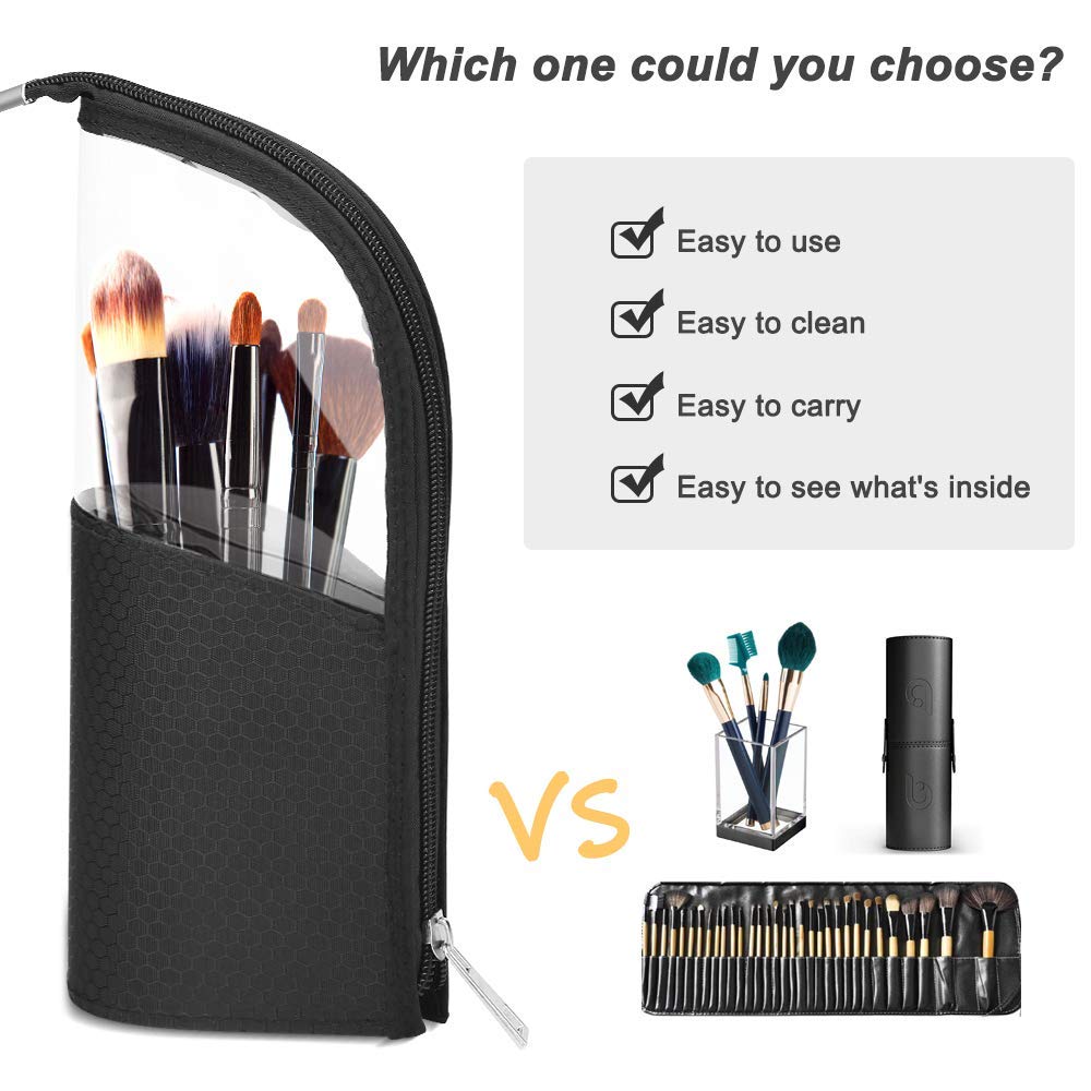 couragejoy Travel Make-up Brush Holder Organizer Bag，Clear Plastic&Oxford Cosmetic Zippered Case，Portable Waterproof Stand-Up Makeup Brush Pouch, Professional Artist Small Toiletry Cup (Black)…