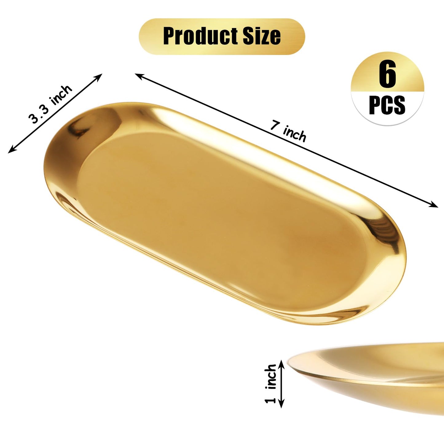 CYEAH Stainless Steel Decorative Tray Set of 6, Gold Decorative Tray 7 inch, Oval Jewelry Dish Bathroom Vanity Tray Small Serving Trays Candle Holder Stainless Steel Cosmetics Perfume Trays