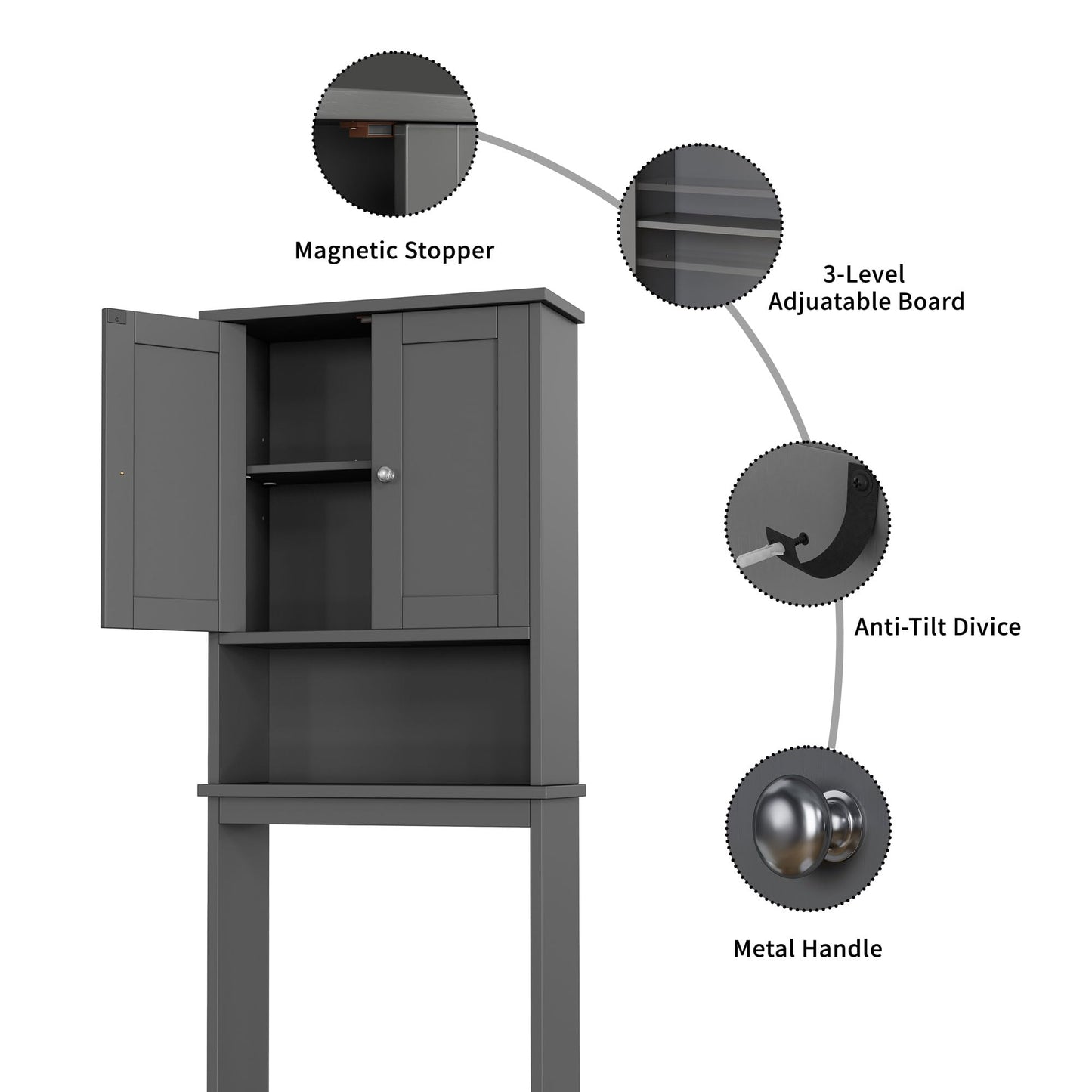 Shintenchi Over the Toilet Storage Cabinet, Bathroom Shelf Organizer with Anti-Tip Device Small Freestanding Space Saver with Adjustable Shelf, Gray