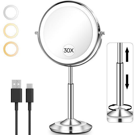 VFD 30X/1X Makeup Mirror with Lights, Height Adjustable Lighted Magnifying Vanity Mirror with 3 Lighting and Adjustable Brightness, 3000mAh Rechargeable Double Sided Switch