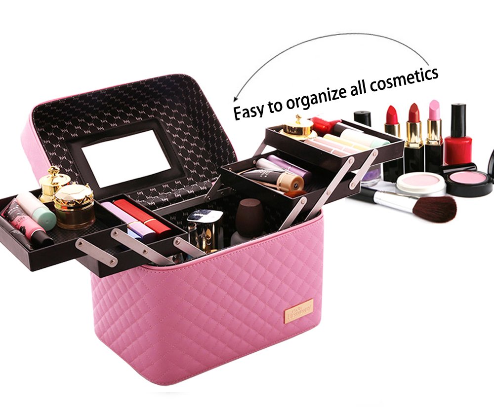 Sooyee Makeup Bag Cosmetic Bag with Mirror, 4 Layer Foldable Tray Makeup Organizer Open to the Sides, Makeup Travel Bag for Women, Train Case, Pink