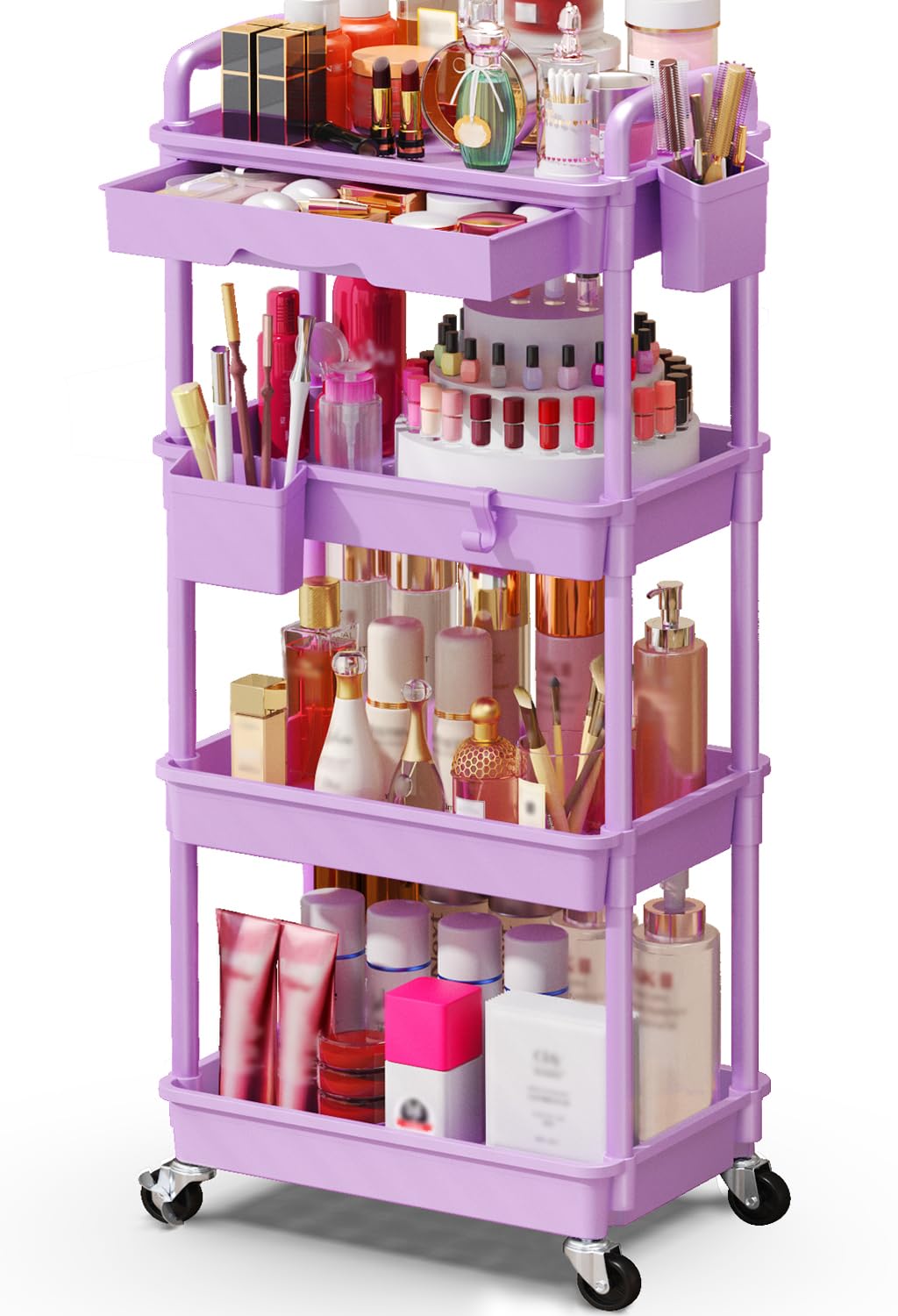 SUNALLY Makeup Cart Organizer with Drawers, 4 Tier Floor Skincare Organizers for Vanity, Rolling Makeup Bathroom Storage Cart Cosmetics Display Cases for Skin Care Perfume Nail Polish, Purple