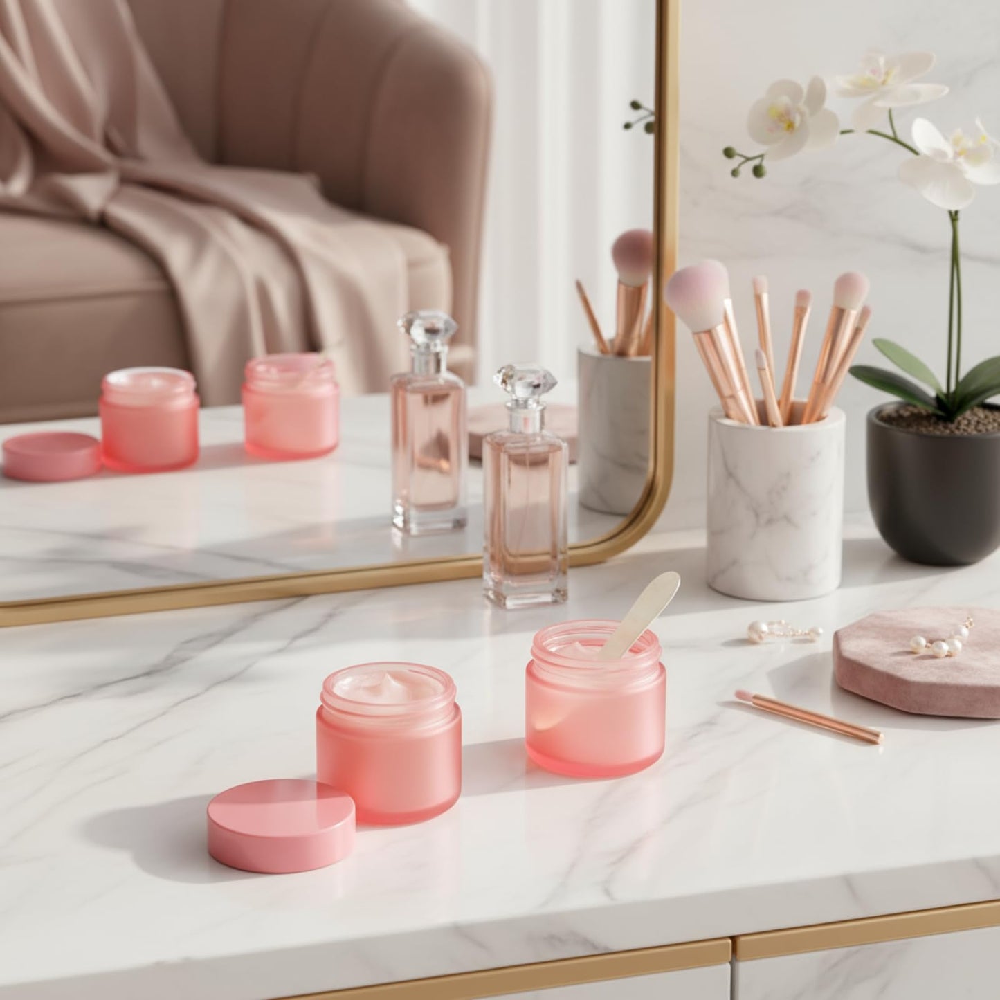 Domensi 48 Pcs 2 oz Glass Jars with Lids Travel Size Round Leakproof Empty Cosmetic Jars with Inner Liners Lid for Storing Makeup Lotions Face Cream Ointments DIY Making (Pink)