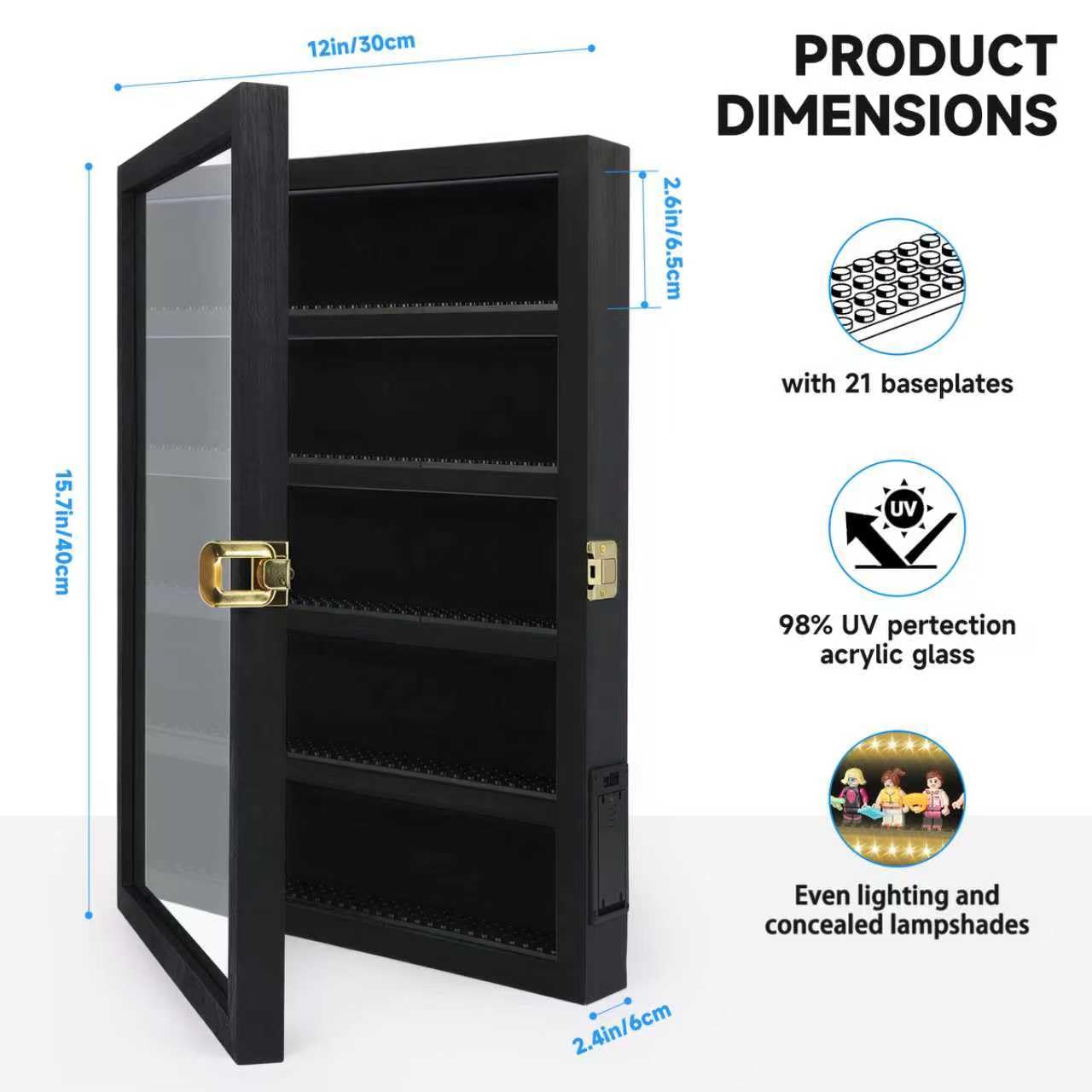 Minifigure Display Case – Black 16″ × 11″ × 2″ Showcase Cabinet with LED‑Lit Shelves, Mini Figurines Display Case with Built‑in Feet, Battery‑Powered, Cord‑Free Collection Display