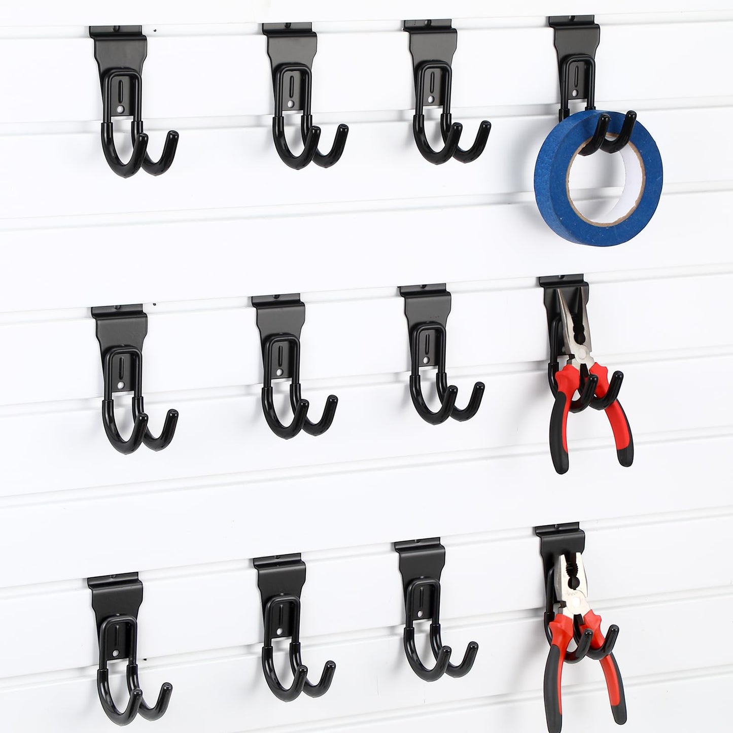 CraftyDream 12 Pack Slat Wall Hanging Hooks and Hangers Heavy Duty Black Slatwall Hanging Hooks Sturdy Slatwall Accessories for Shop Retail Display Garage Storage Wall Panel(4.72 x 2.63 Inch,J Shape)