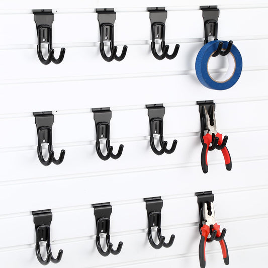 CraftyDream 12 Pack Slat Wall Hanging Hooks and Hangers Heavy Duty Black Slatwall Hanging Hooks Sturdy Slatwall Accessories for Shop Retail Display Garage Storage Wall Panel(4.72 x 2.63 Inch,J Shape)