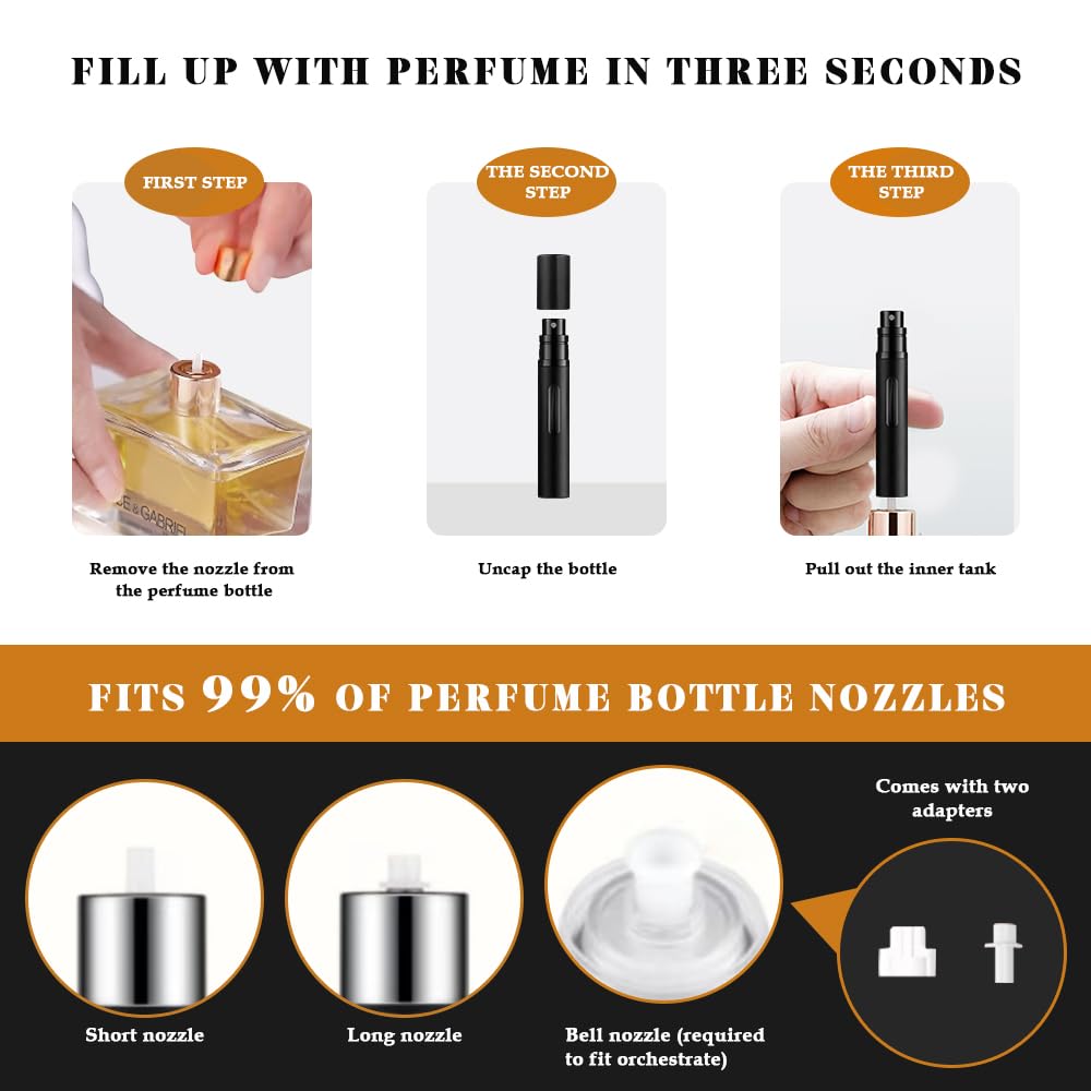 DIOHIO 8ml Perfume Atomizer Travel Refillable,Mini Cologne Dispenser, Bottom-Filling Fragrances Perfumes Bottle,Portable Sprayer Pocket Size for Women Men Cruise Car Trip Gift 2pcs (Black-Black)