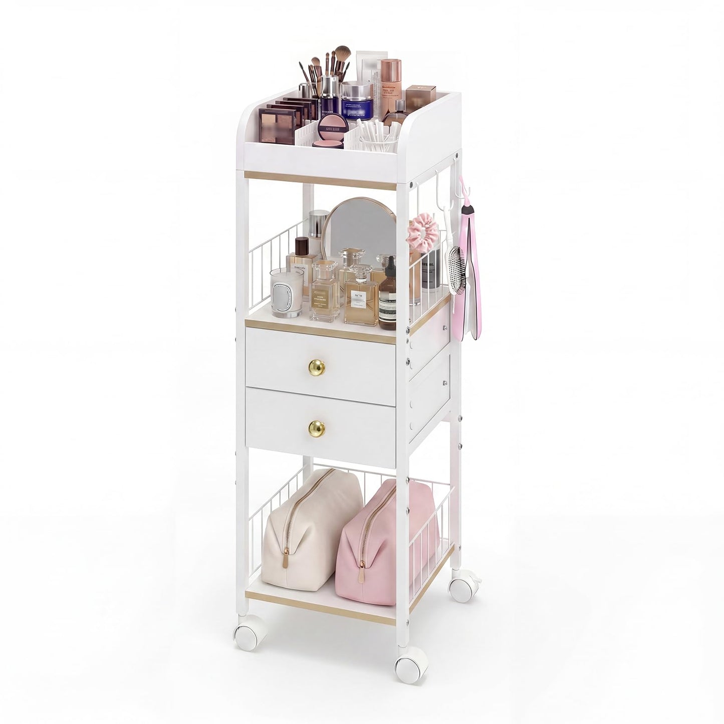 DongRong Makeup Organizer Cart, Rolling Floor Skincare Organizer and Storage with 2 Wooden Drawers, Cosmetics Display Cases Holder for Skin Care Perfume Hair Tools Nail Polish（White & Gold）