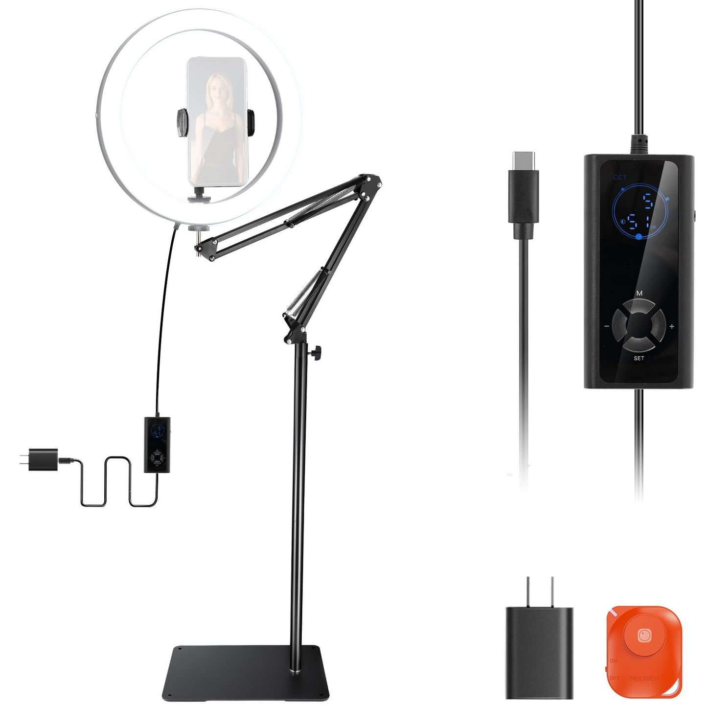 NEEWER 12" 24W High Power LED Ring Light Compatible with iPhone, 60" Overhead Folding Light Stand/Phone Holder Mount for Video Recording Selfie Makeup Streaming,2900-7000K USB C PD Input CRI97+,RH12B