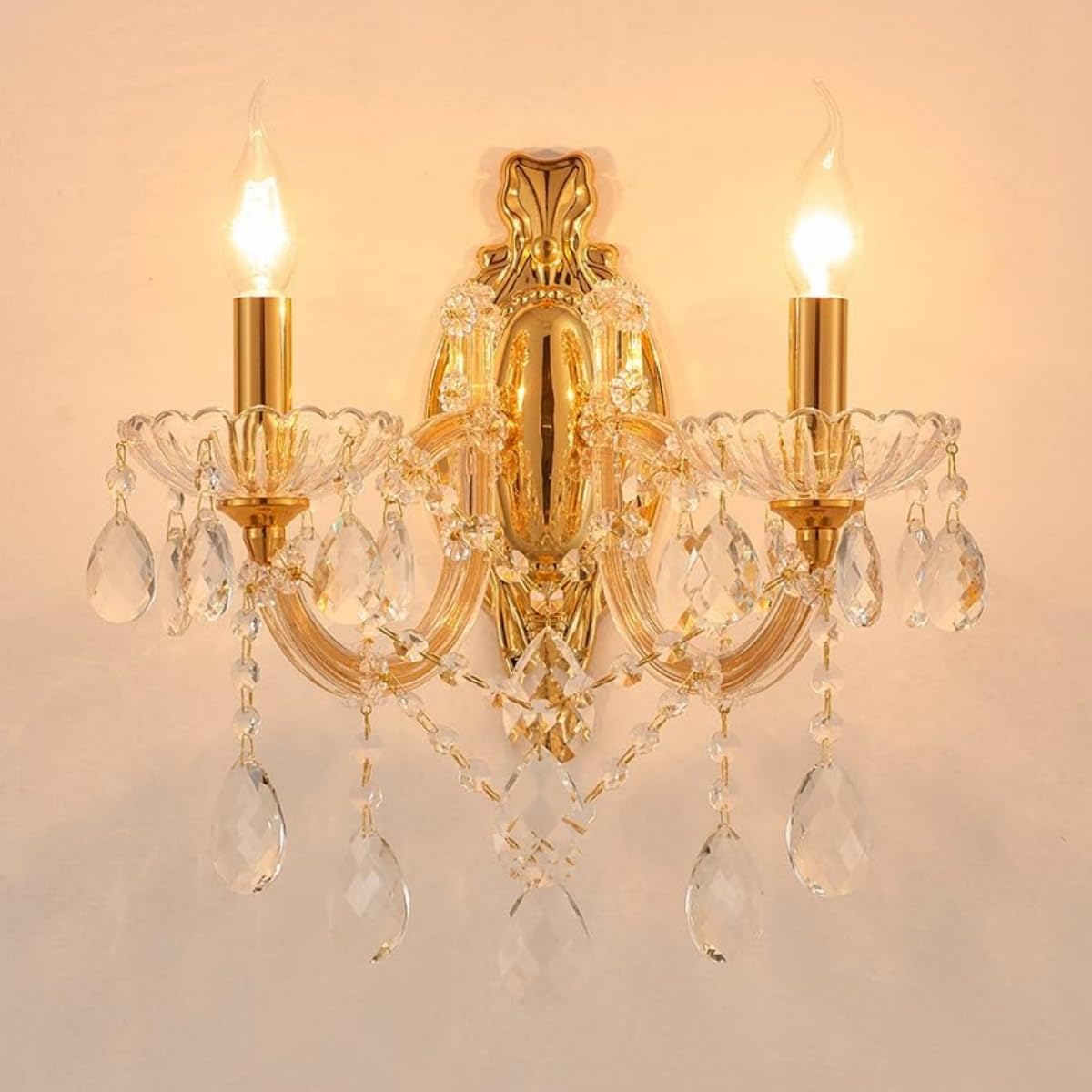 YLONG-ZS Gold Traditional Crystal Wall Sconce, 2-Light Candle Style Vanity Lamp, Ornate Metal Frame with Glass Trim Strips, Hardwired Vintage Fixture for Bathroom Bedroom, E12 Base