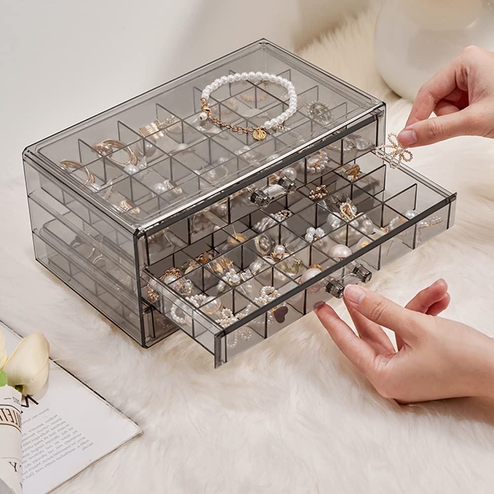 YUFONG Earring Storage Box Organizer 3 Drawers Acrylic Jewelry Storage Box Holder Transparent Jewelry Display Stand with 72 Small Compartments Gift for Women Girls (Clear Black)