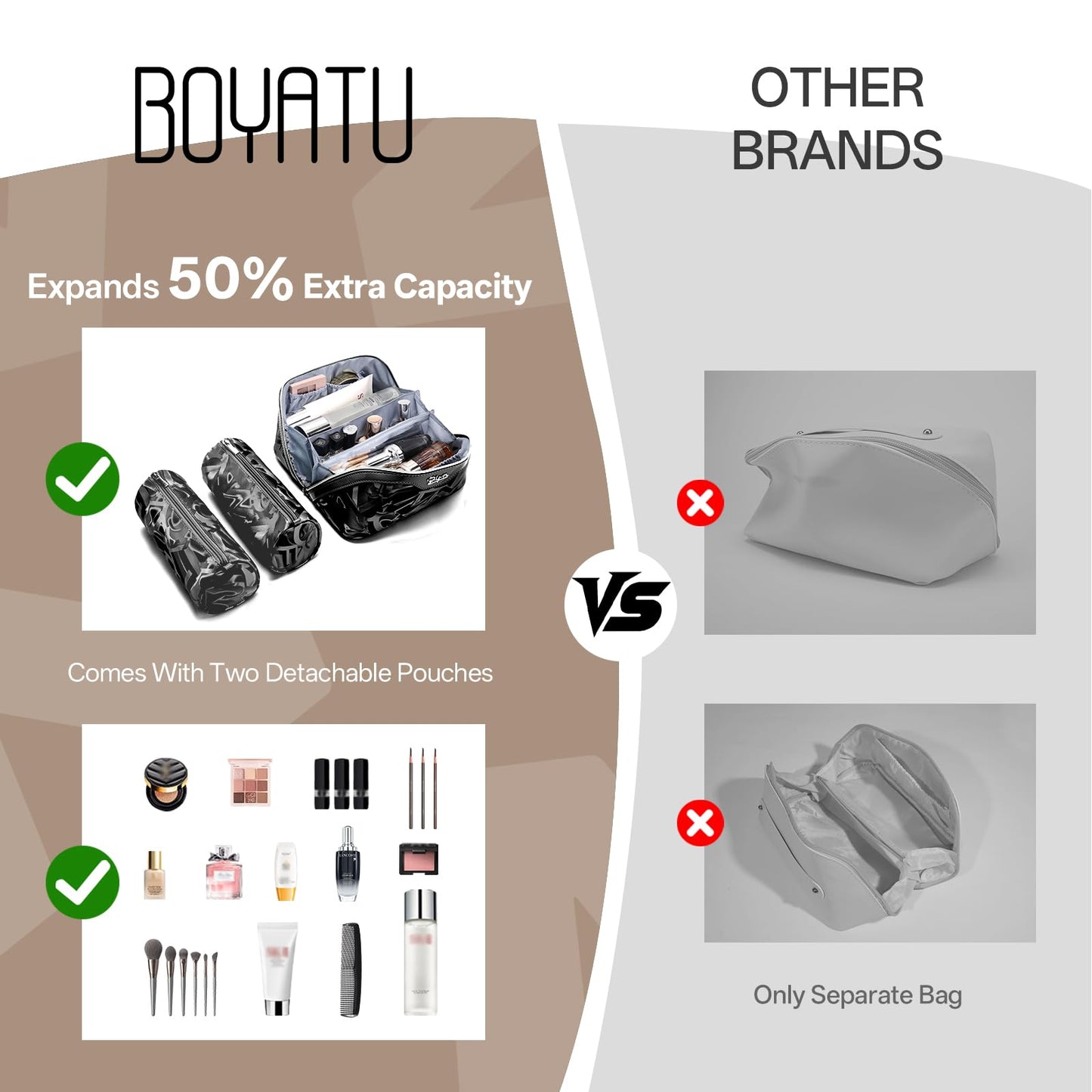 BOYATU Travel Makeup Bag for Women: Y2K Aesthetic Personalized Glossy 3 Pcs Set Cosmetic Organizer Bag - Trendy Statement Toiletry Pouches for Forward Women - Stand Out at Festivals & Trips(D-2-Black)