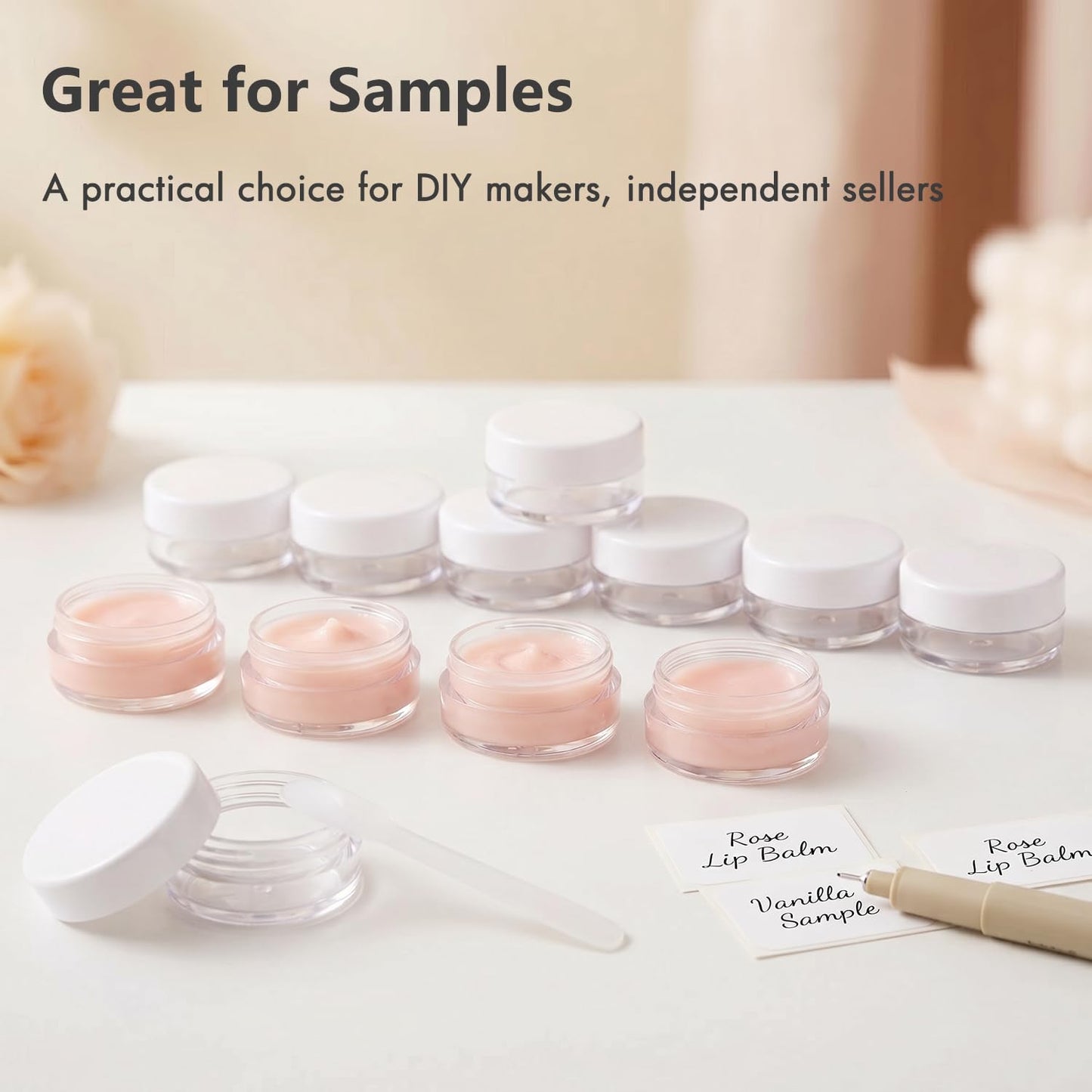 3 Gram Sample Containers with Lids, 100 Count Tiny Sample Jars, Empty Lip Balm Containers, Mini Cosmetic Container with Lids, Makeup Travel Container with Labels, Mini Disposable Spatulas