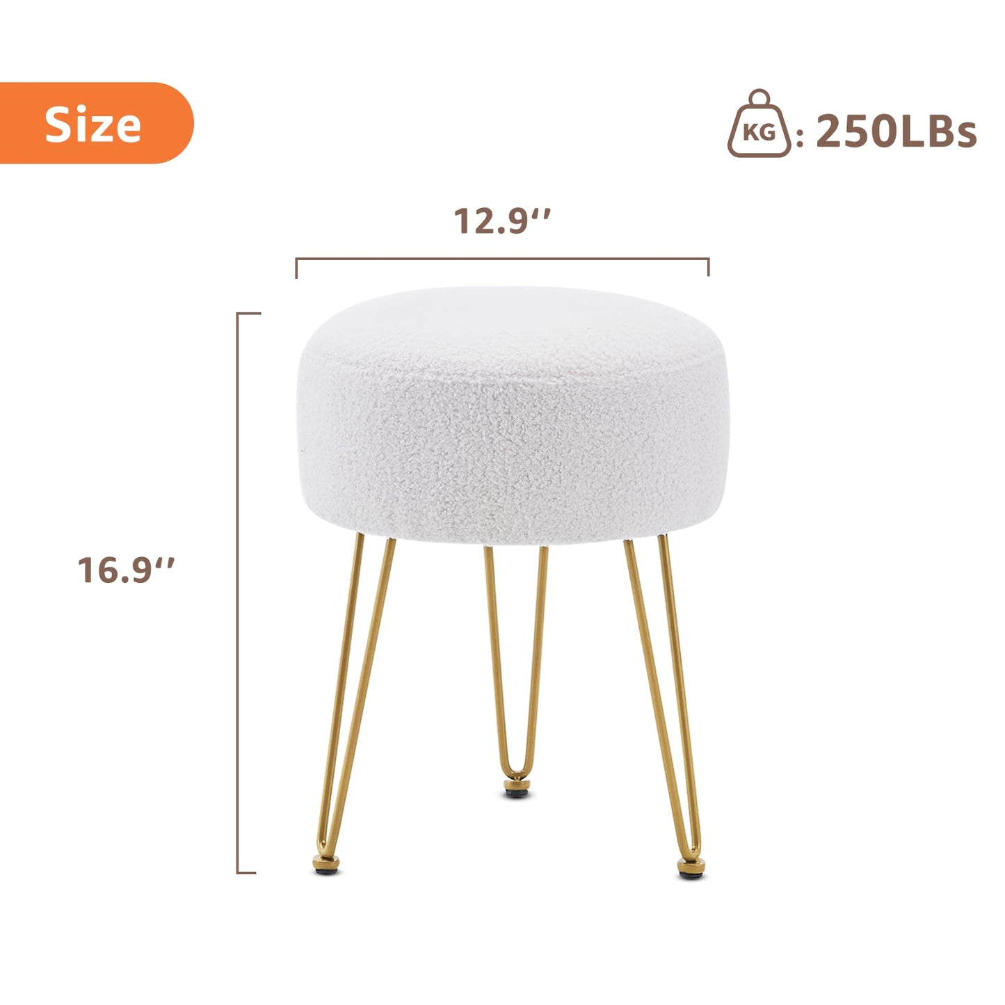 WROCFURSTAR Vanity Stool, Teddy Velvet Ottoman Foot Stool, Dressing Table Seat with Metal Leg Vanity Chair for Bedroom, Living Room, Entryway, Offices