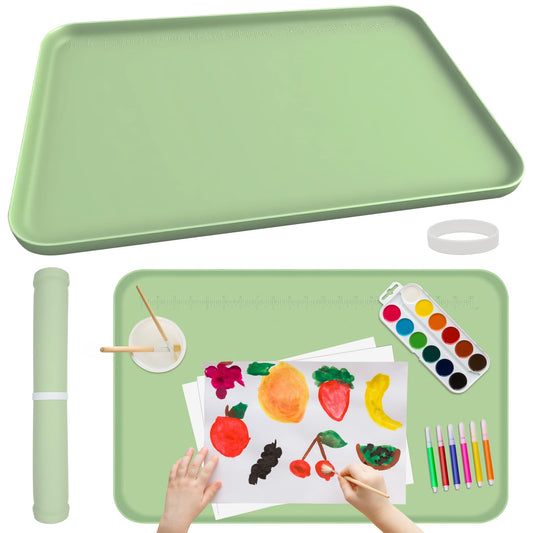 MVRPOWER Silicone Art Mat for Painting, 24"x16" Green Roll Up Craft Mat with Raised Edges, Non-Slip Surface Protector
